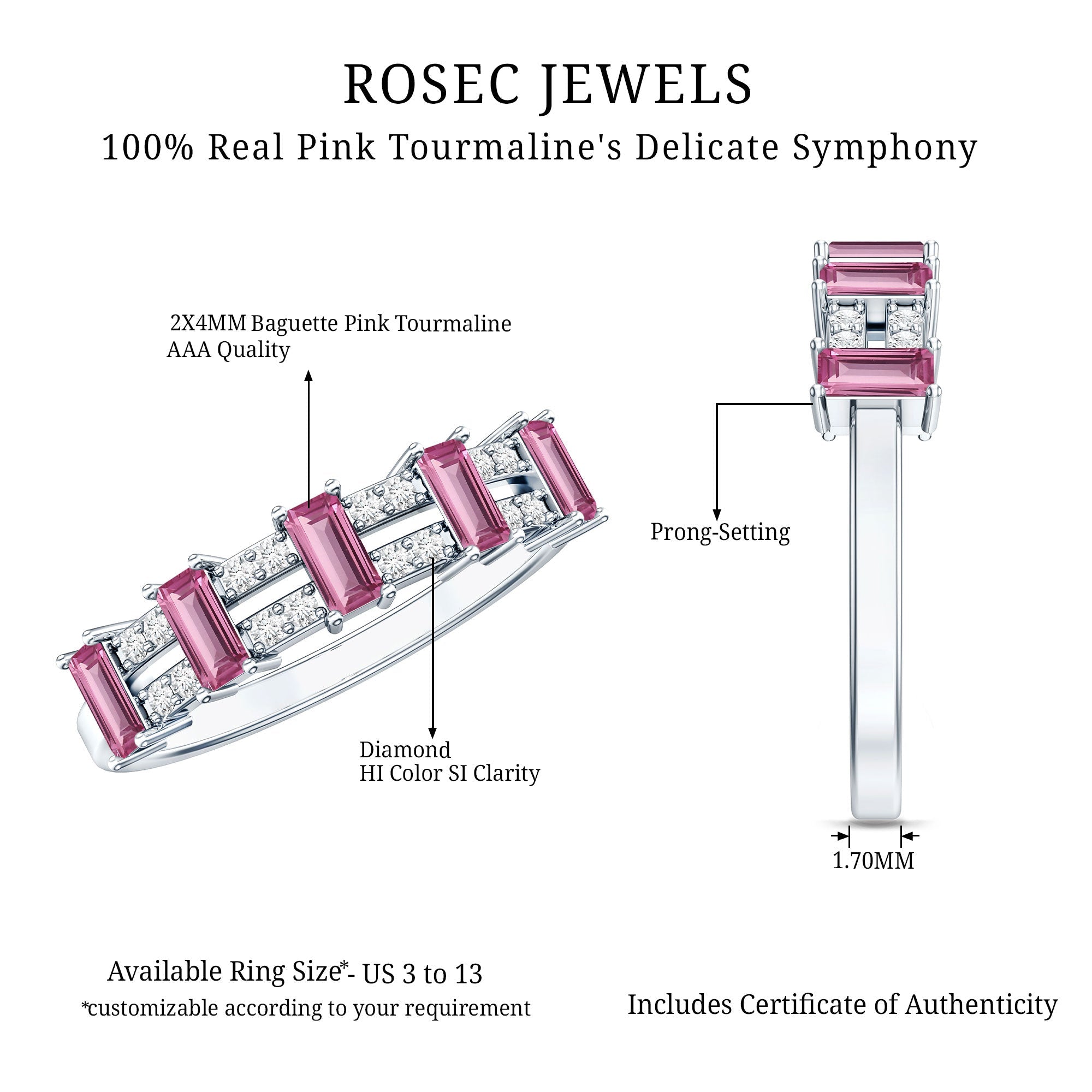 Pink Tourmaline Ring – Wide Half Eternity Diamond Gemstone Band in Rose Gold