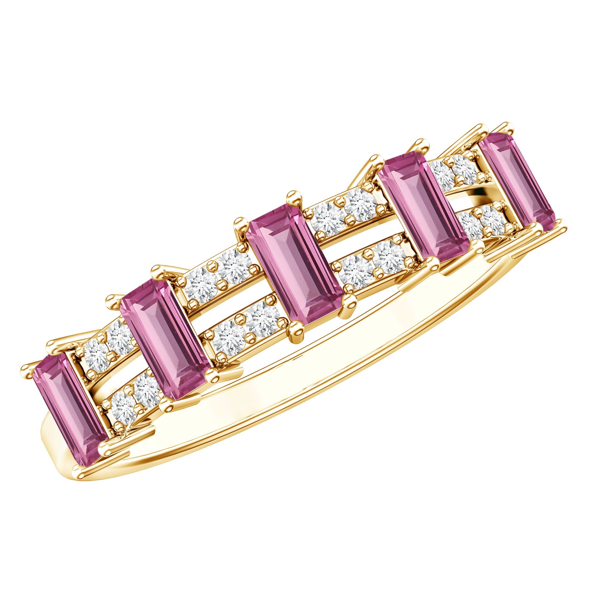 Pink Tourmaline Ring – Wide Half Eternity Diamond Gemstone Band in Rose Gold