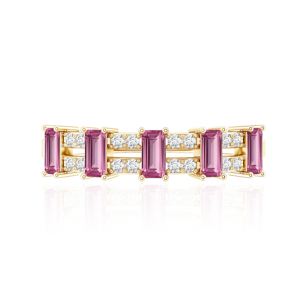Pink Tourmaline Ring – Wide Half Eternity Diamond Gemstone Band in Rose Gold