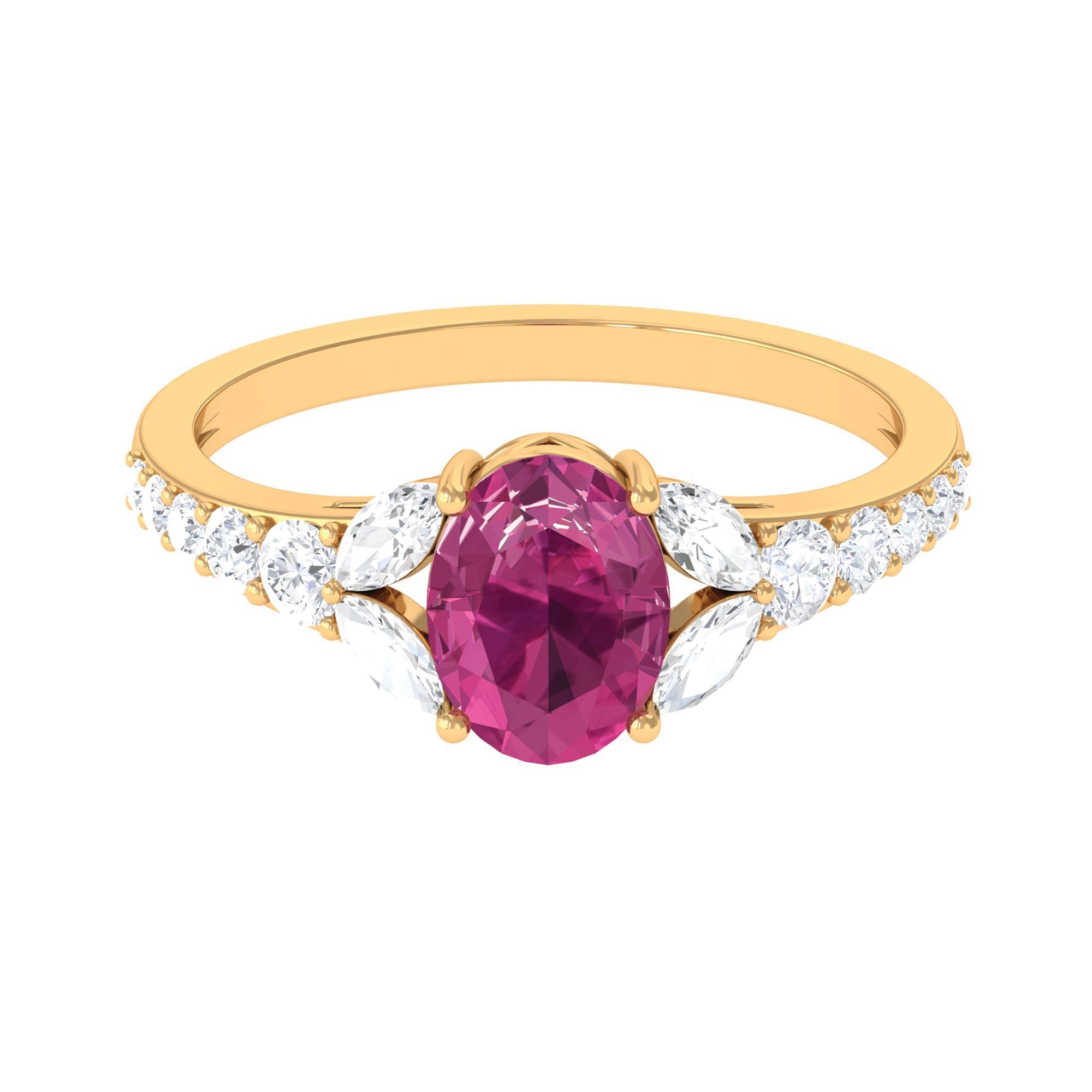 Pink Tourmaline Ring – Oval Solitaire Split Shank Gold Engagement Ring with Moissanite