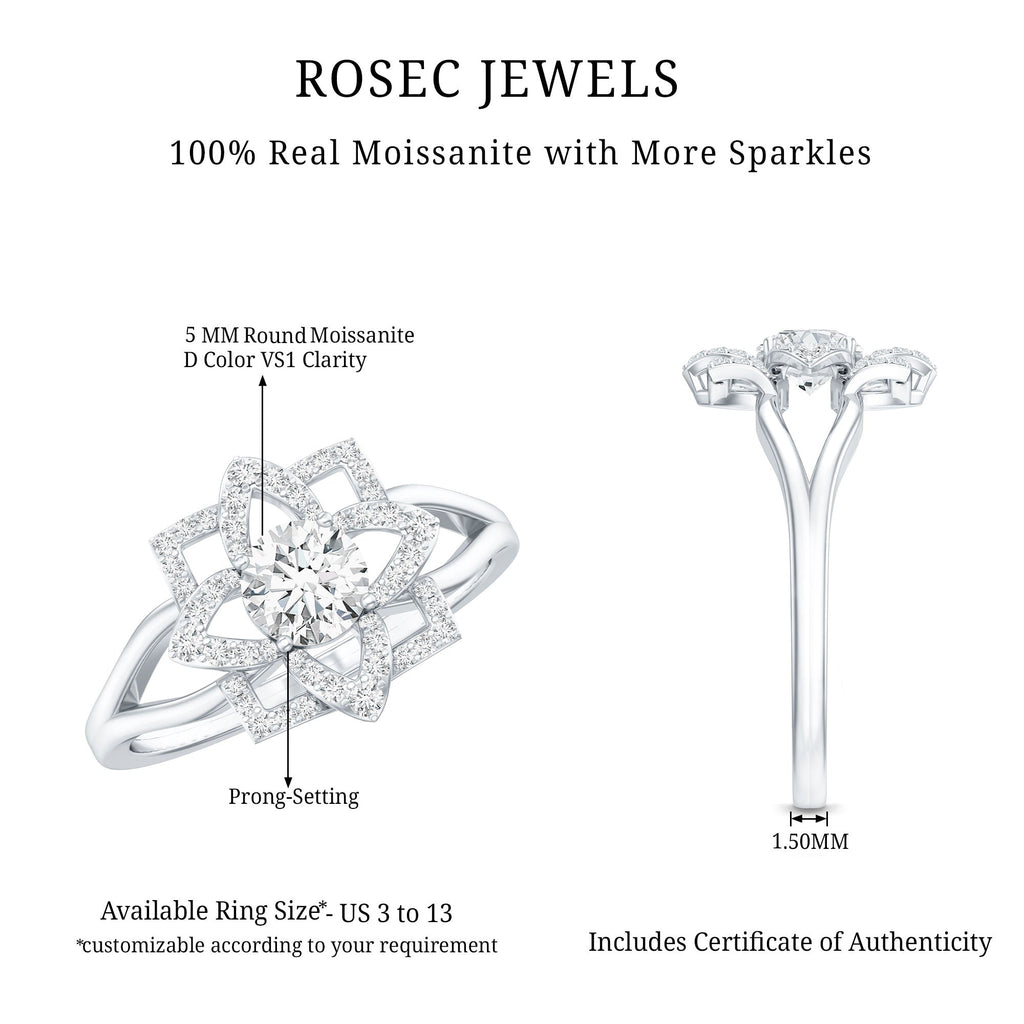 Certified Moissanite Floral Engagement Ring with Split Shank