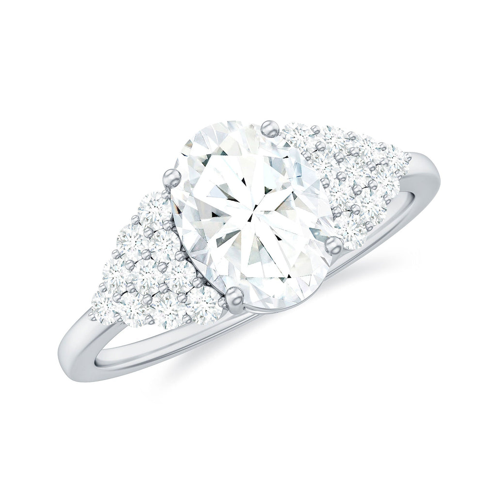 Oval Moissanite Engagement Ring - 6x8 MM Elongated Center Stone With Cluster Side Stones