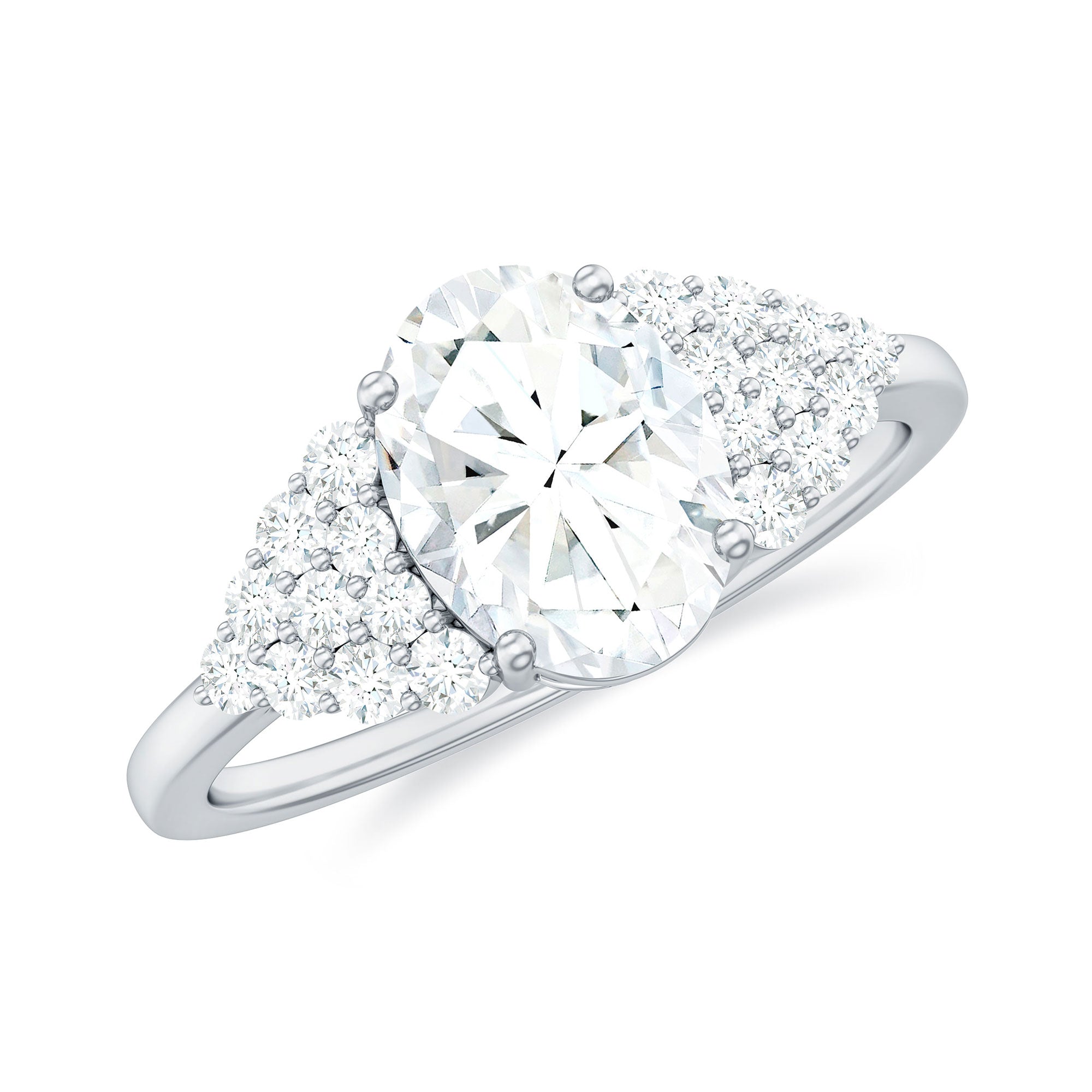 Oval Moissanite Engagement Ring - 6x8 MM Elongated Center Stone With Cluster Side Stones