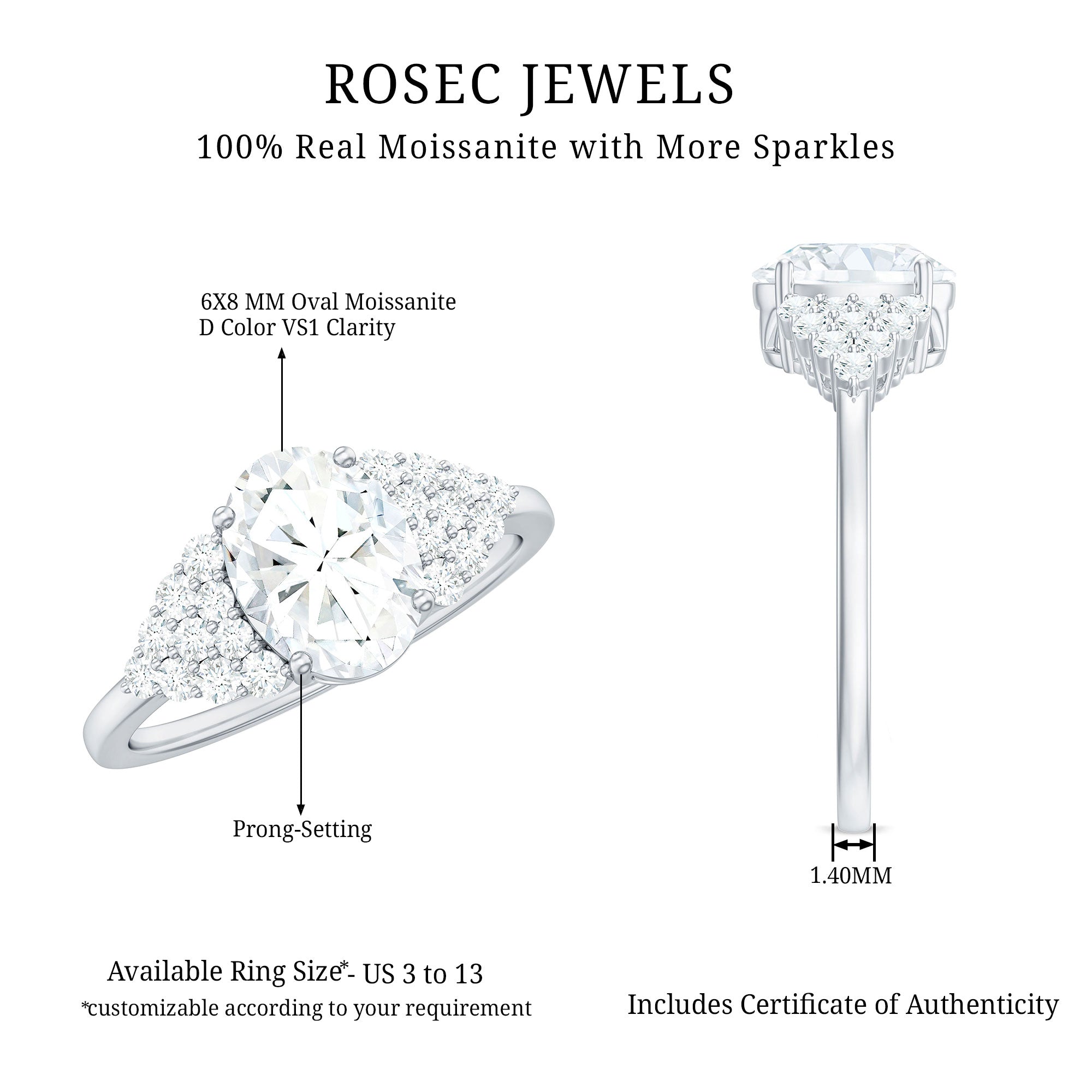 Oval Moissanite Engagement Ring - 6x8 MM Elongated Center Stone With Cluster Side Stones