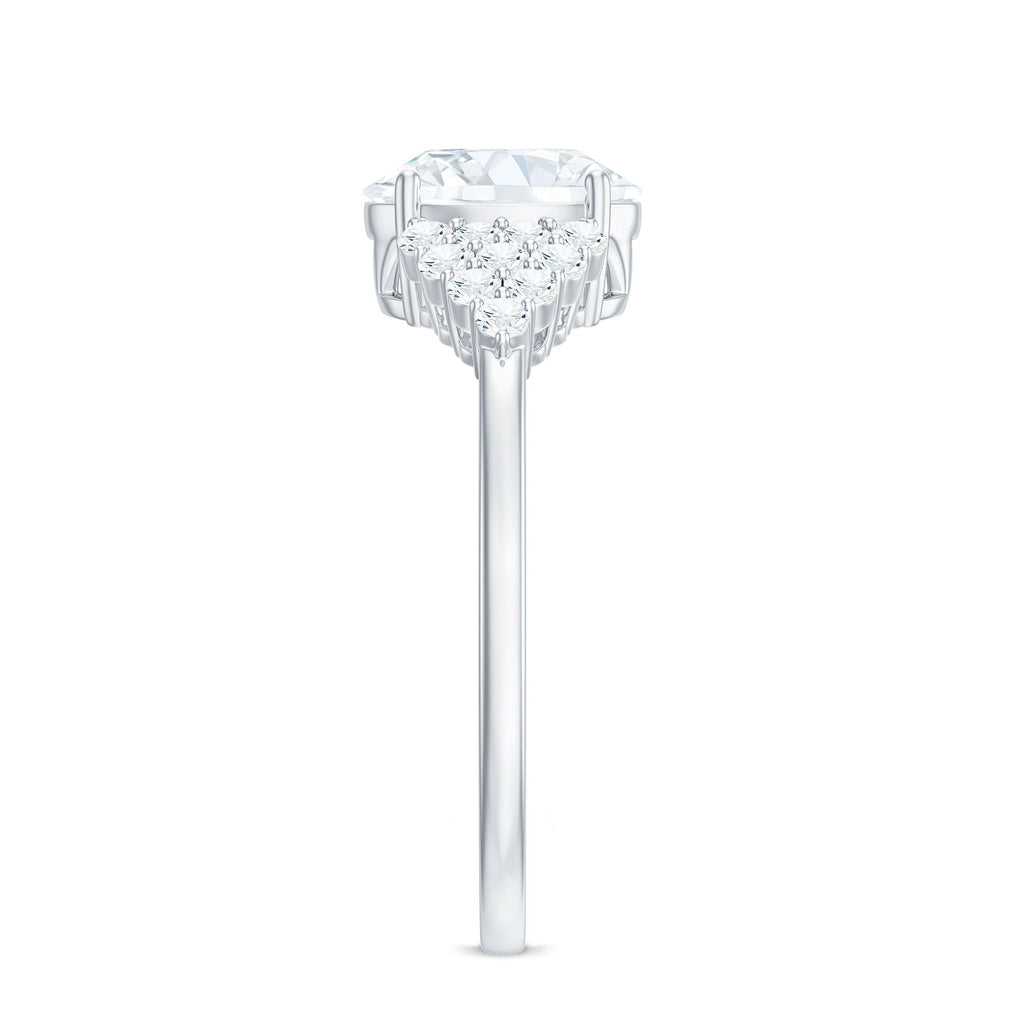Oval Moissanite Engagement Ring - 6x8 MM Elongated Center Stone With Cluster Side Stones