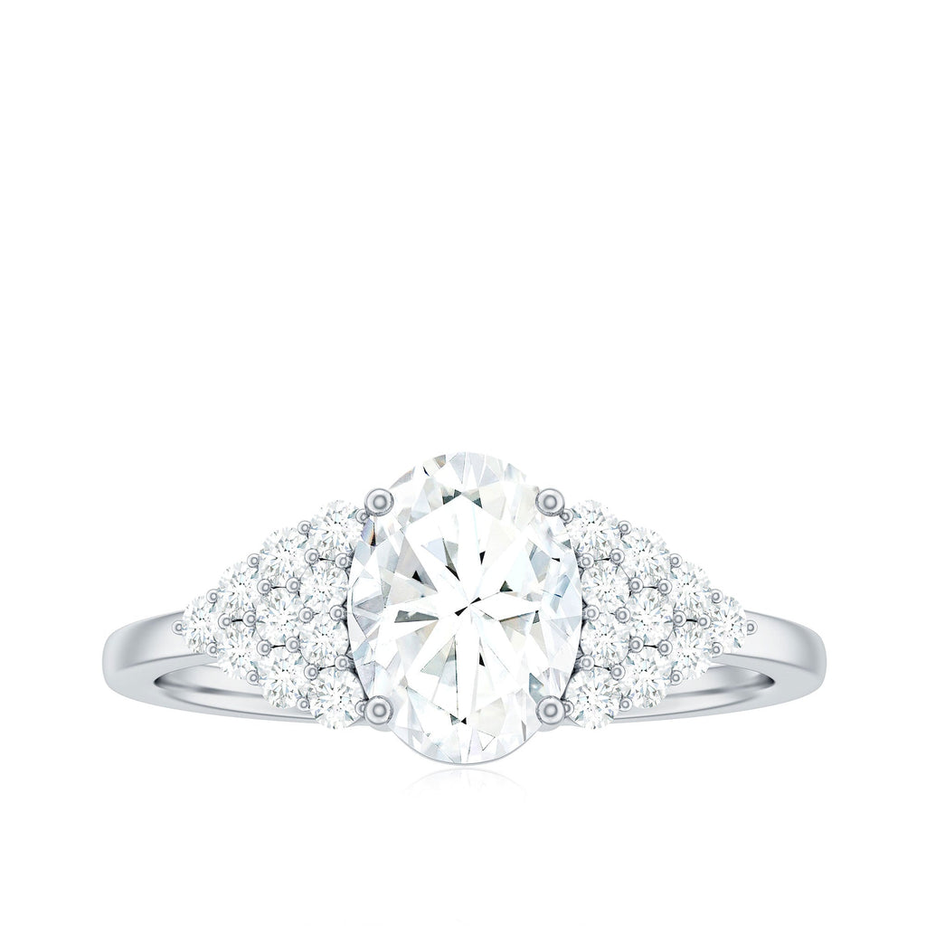 Oval Moissanite Engagement Ring - 6x8 MM Elongated Center Stone With Cluster Side Stones