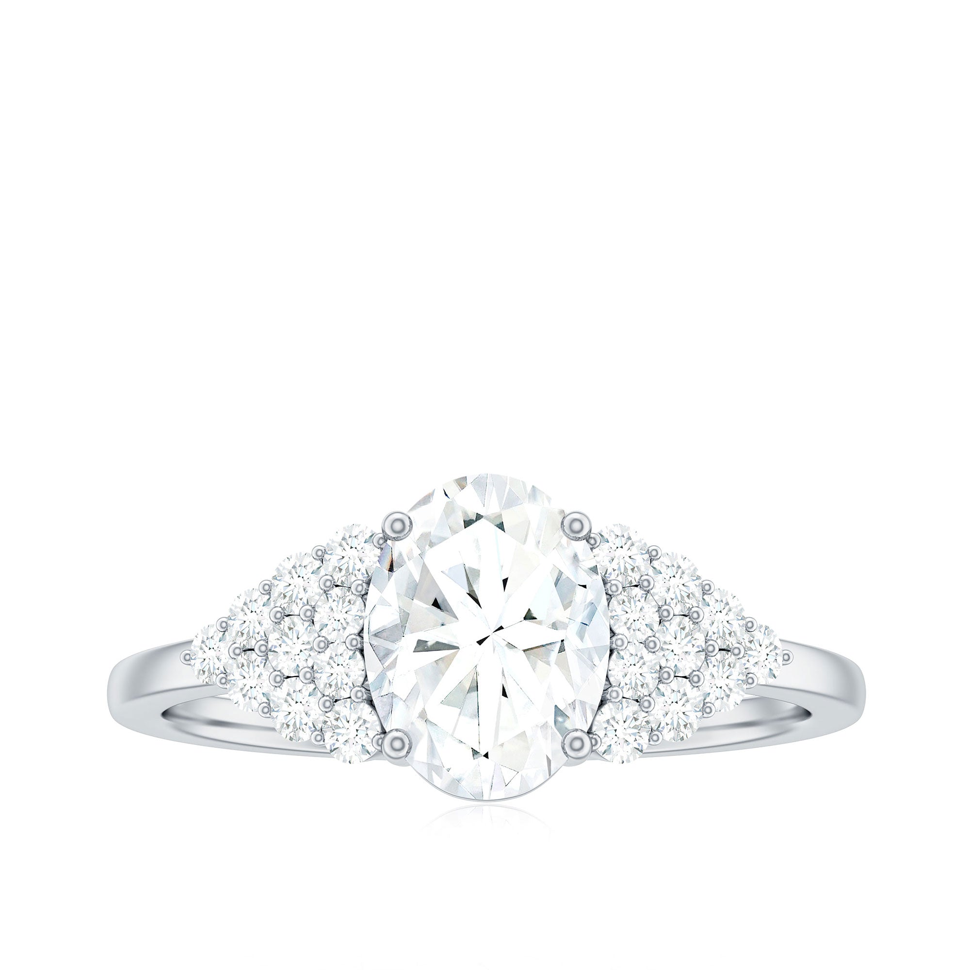 Oval Moissanite Engagement Ring - 6x8 MM Elongated Center Stone With Cluster Side Stones