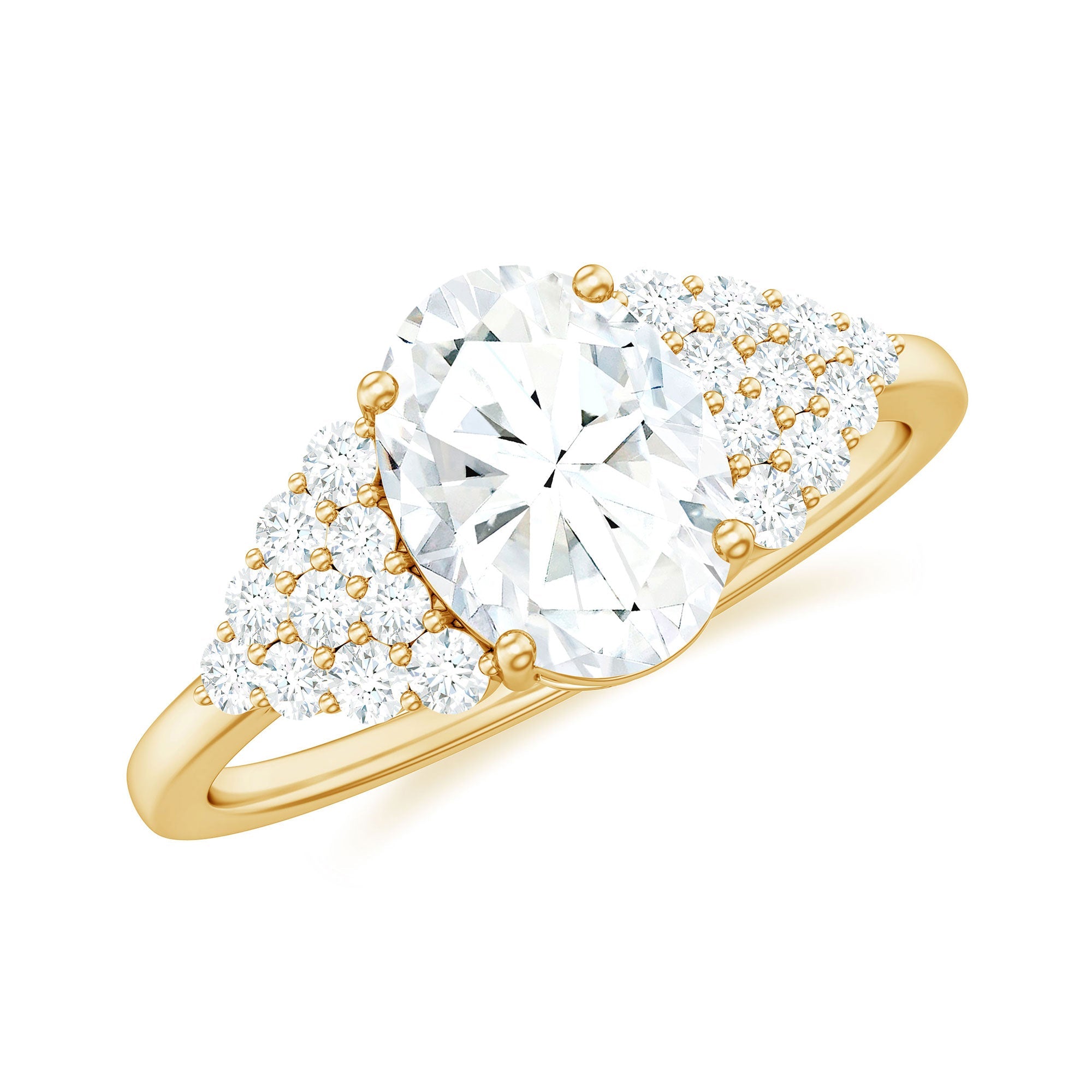 Oval Moissanite Engagement Ring - 6x8 MM Elongated Center Stone With Cluster Side Stones