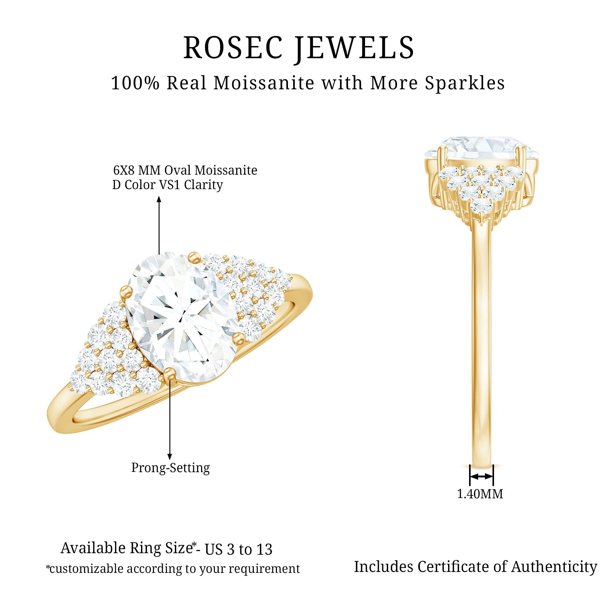 Oval Moissanite Engagement Ring - 6x8 MM Elongated Center Stone With Cluster Side Stones