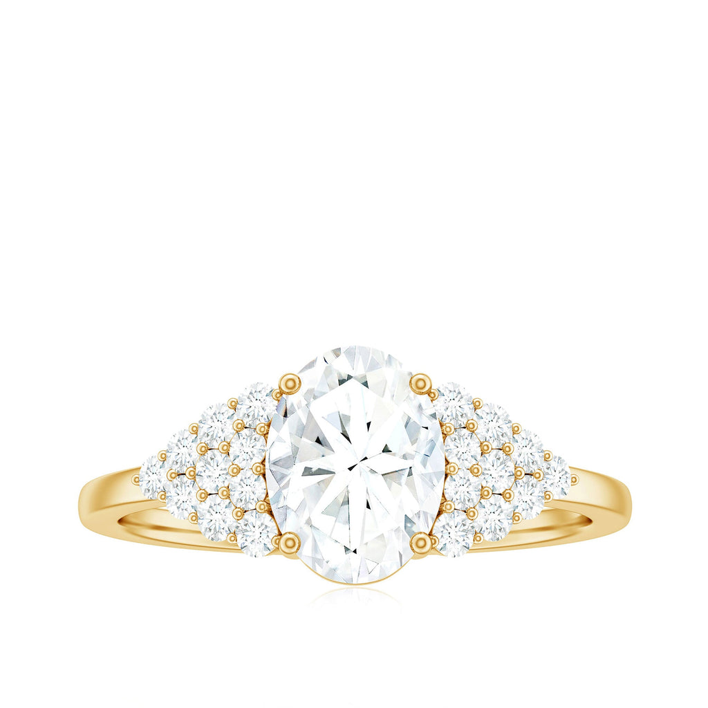 Oval Moissanite Engagement Ring - 6x8 MM Elongated Center Stone With Cluster Side Stones