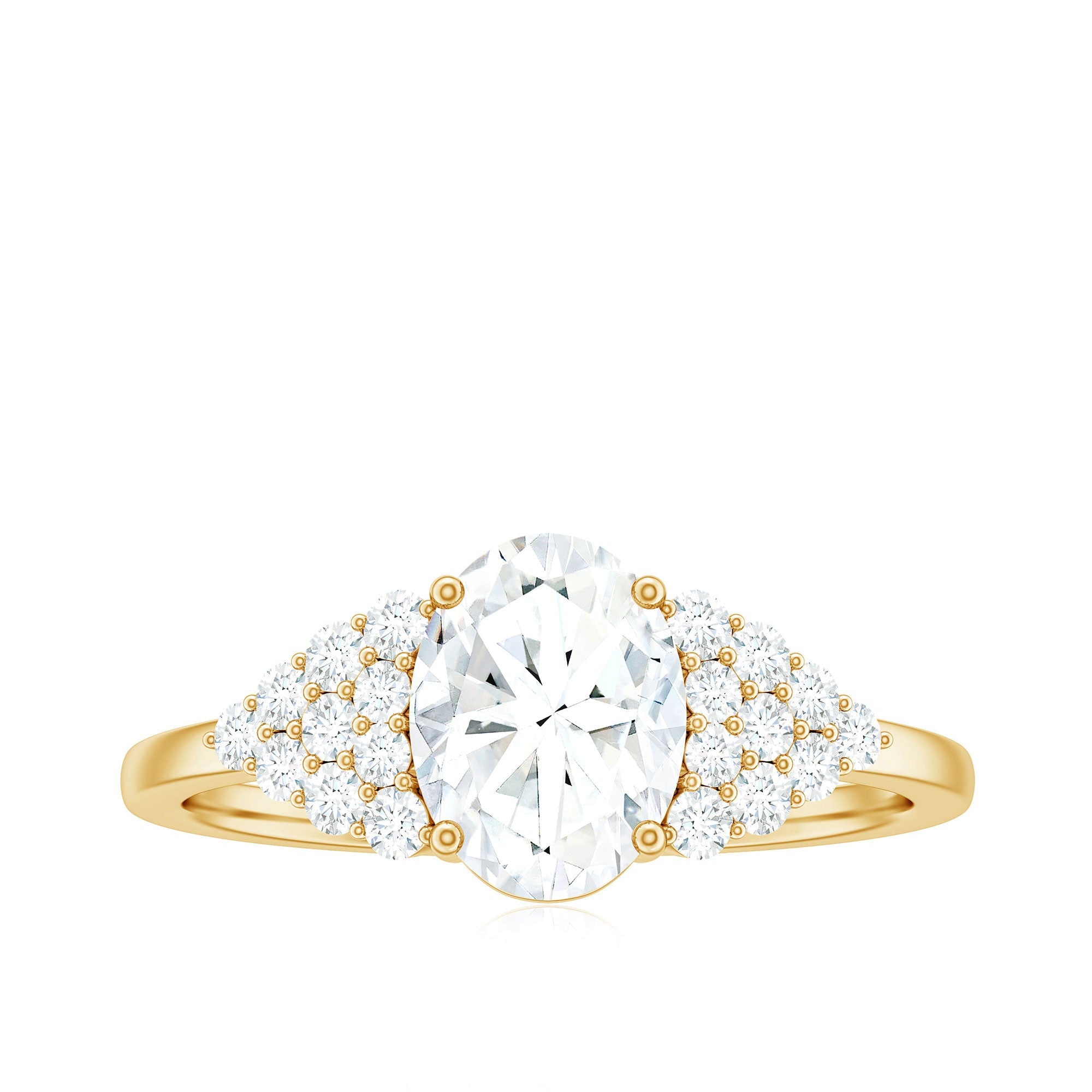 Oval Moissanite Engagement Ring - 6x8 MM Elongated Center Stone With Cluster Side Stones