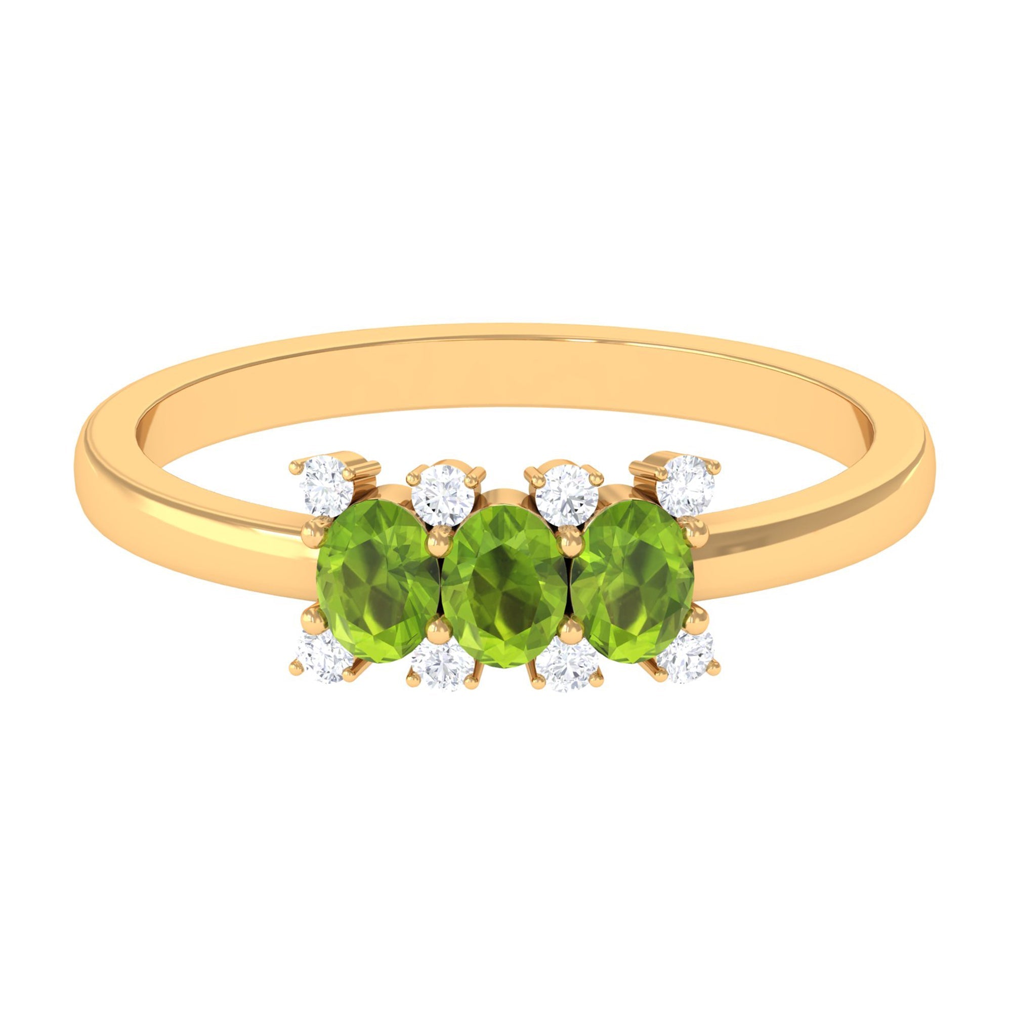 Peridot Three Stone Ring – Oval Cut Green Gemstone with Diamond Accents in Gold