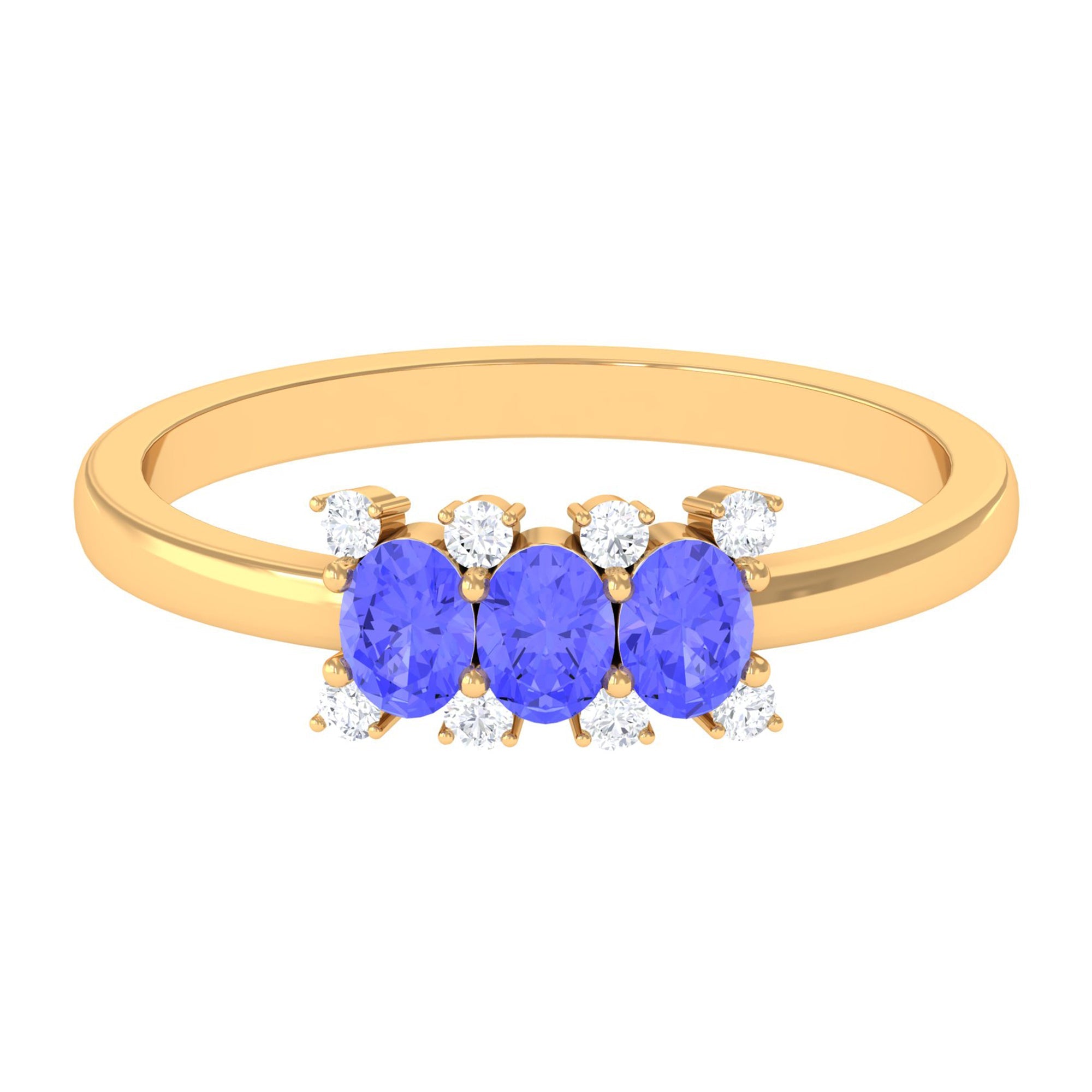 Tanzanite Three Stone Ring – Oval Cut AAA Grade Blue Gemstone with Diamond Accent