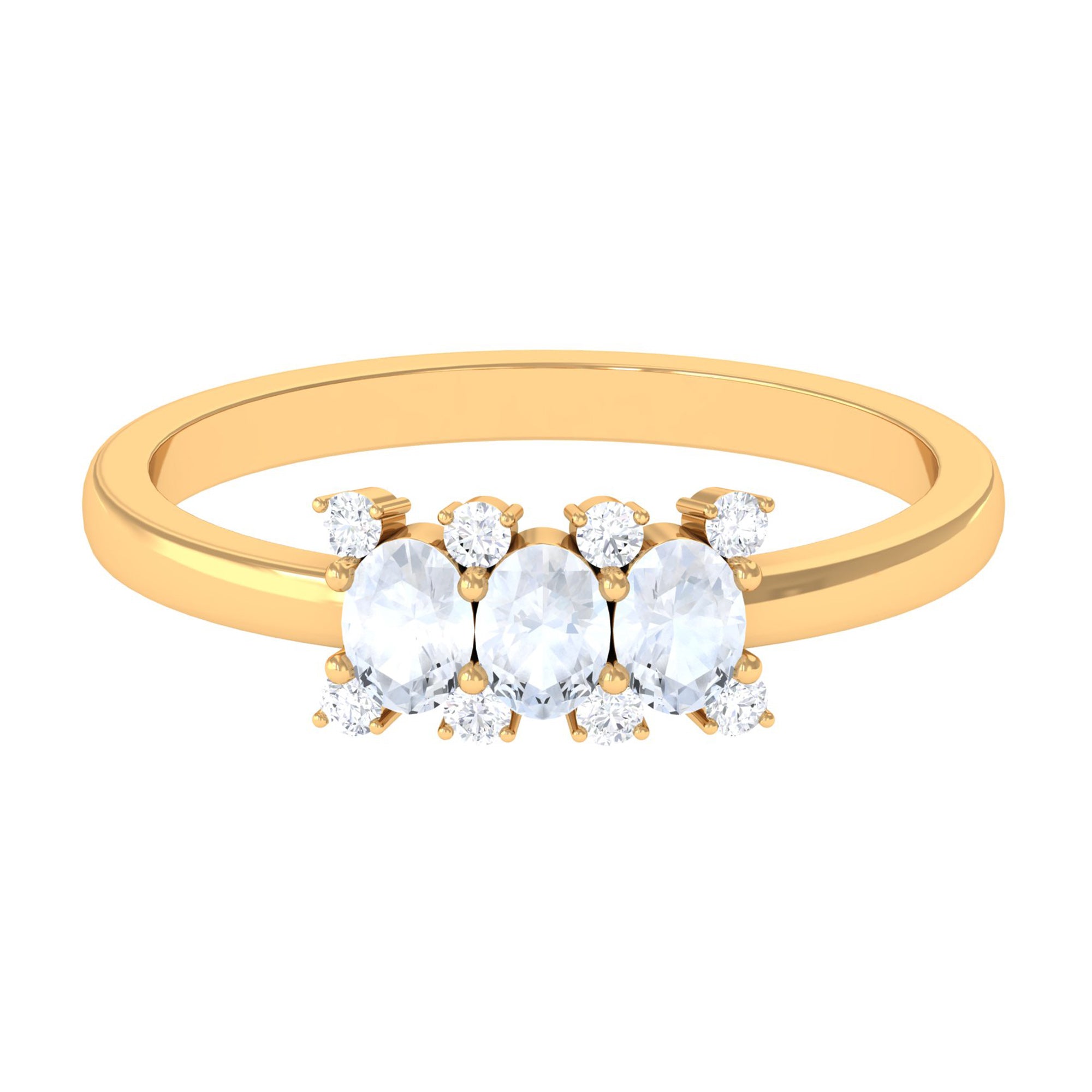 Oval Moonstone Ring – Three Stone Promise Ring with Diamond Accent in Prong Setting