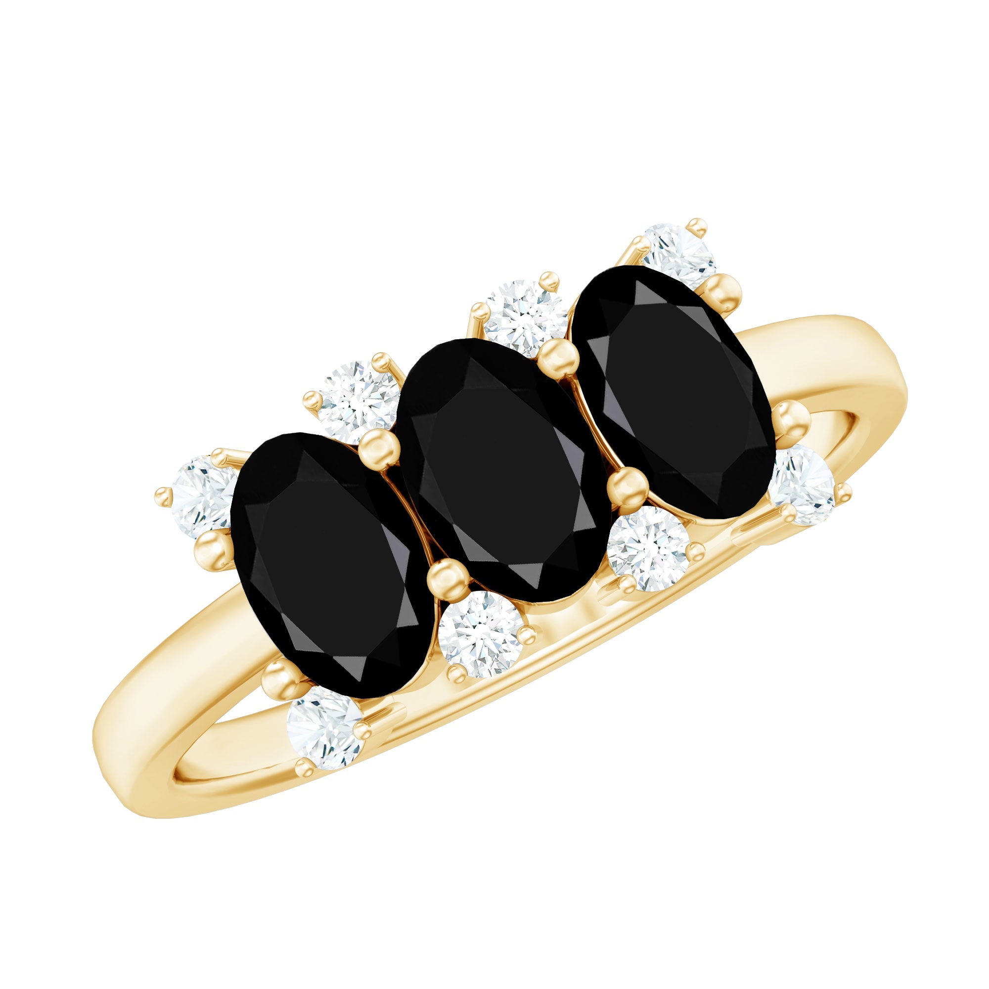 Natural Oval Black Spinel 3 Stone Engagement Ring with Diamond