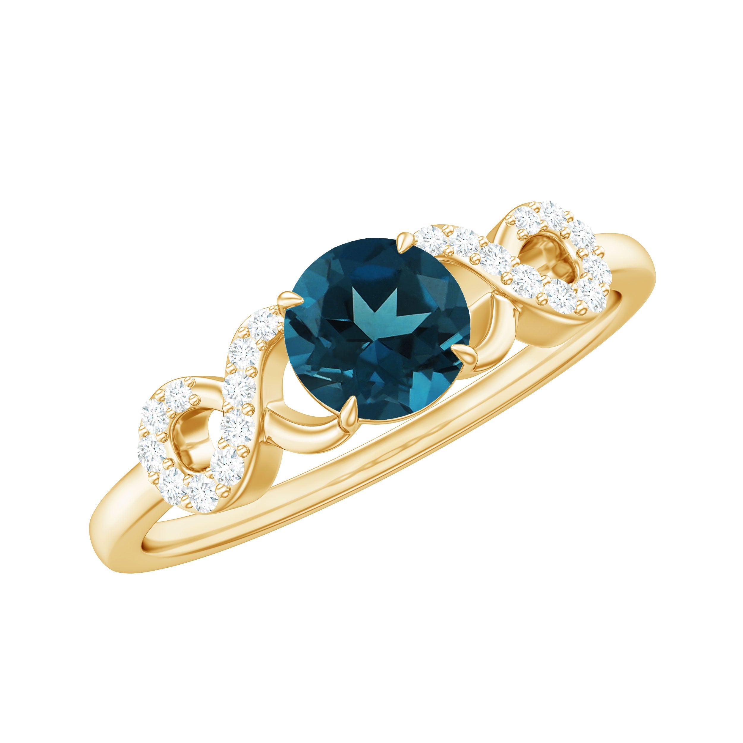 0.6 Carat Round London Blue Topaz Engagement Ring with Criss Cross Diamond