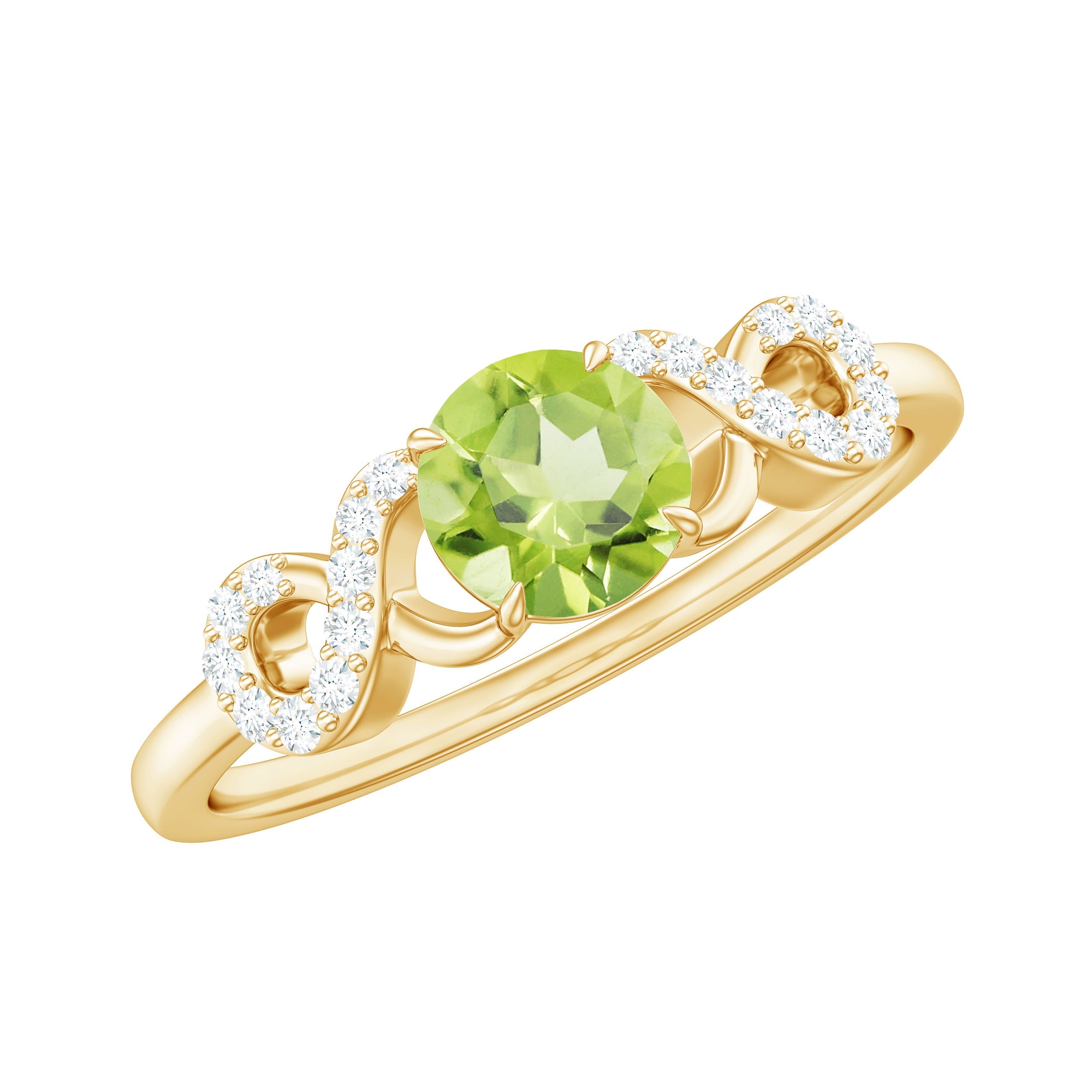 Peridot Promise Ring – Diamond Infinity Knot Green Gemstone Band in Rose Gold