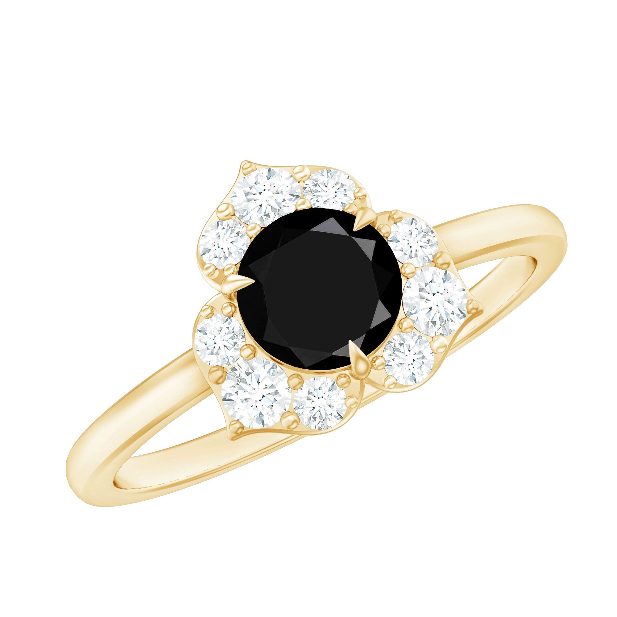 Natural Black Spinel Flower Engagement Ring with Diamond