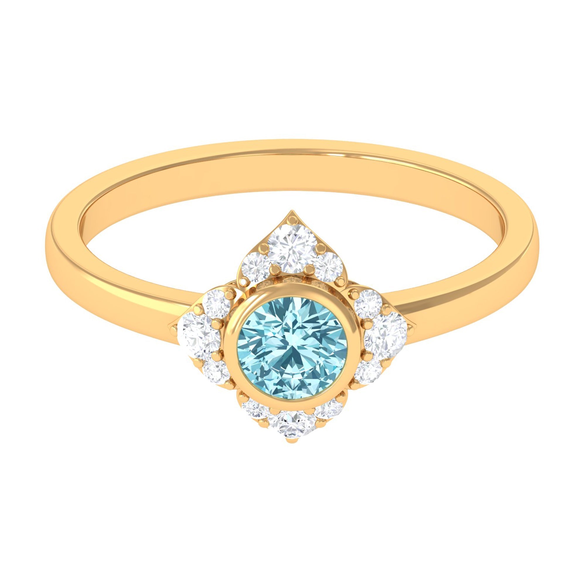 Aquamarine Engagement Ring – Bezel Set Diamond Flower Ring | AAA Quality Blue Gemstone
