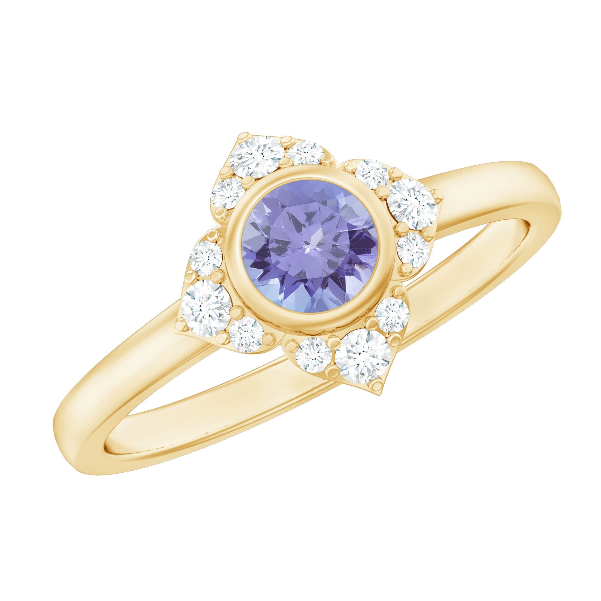 Tanzanite Engagement Ring – Floral Design Diamond Bezel Ring with 5mm Stone