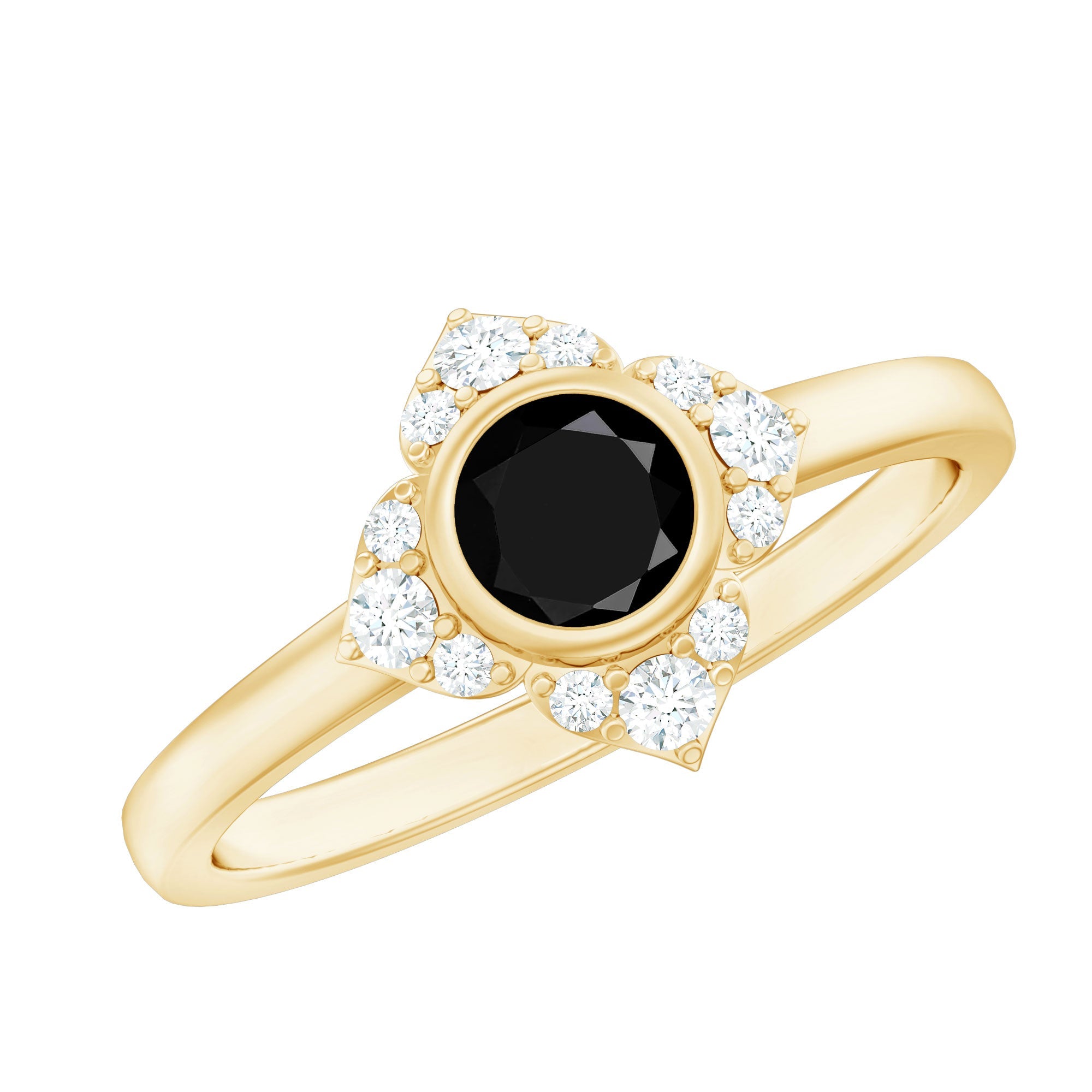 Real Bezel Set Black Spinel Flower Engagement Ring with Diamond