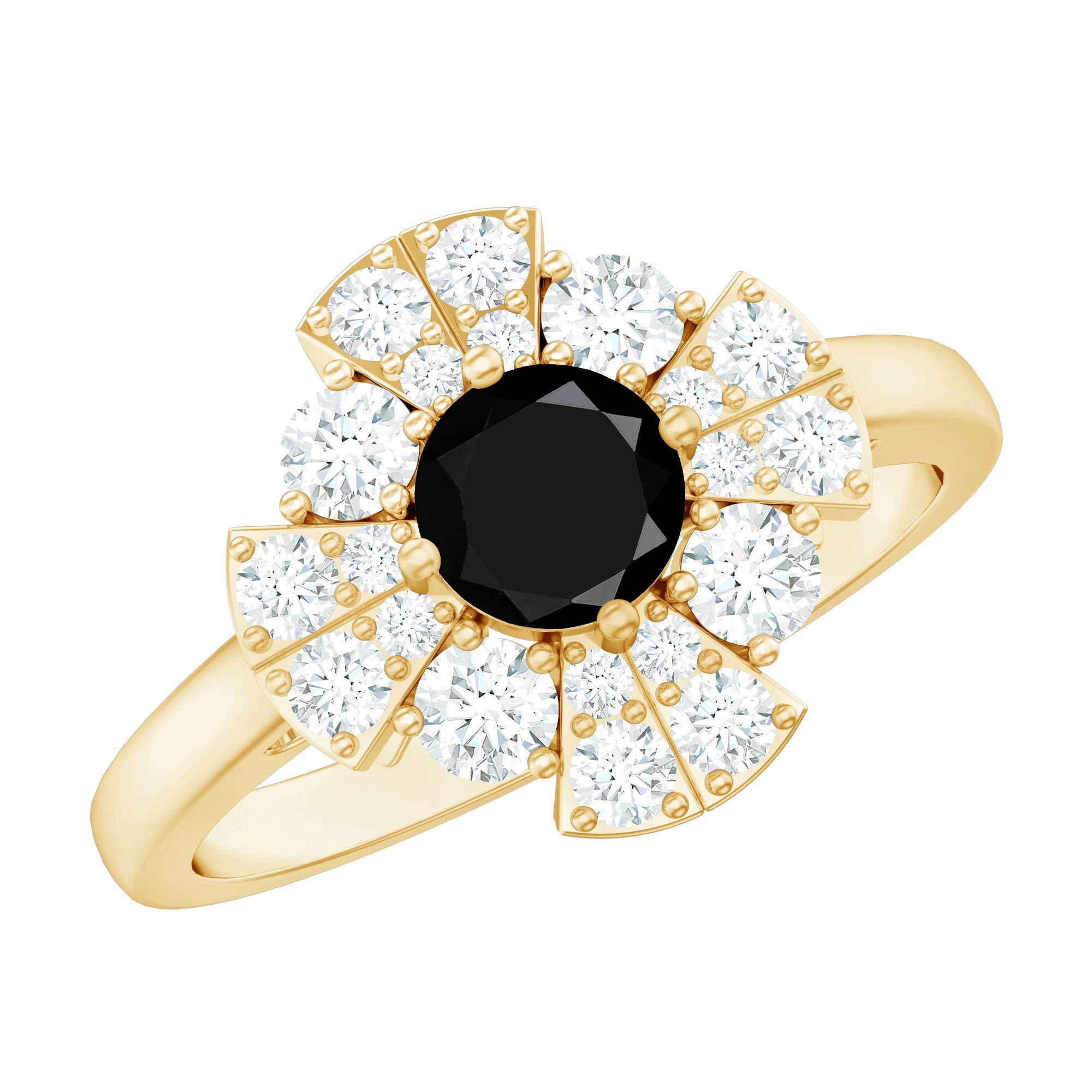 Natural Black Spinel Flower Engagement Ring with Moissanite