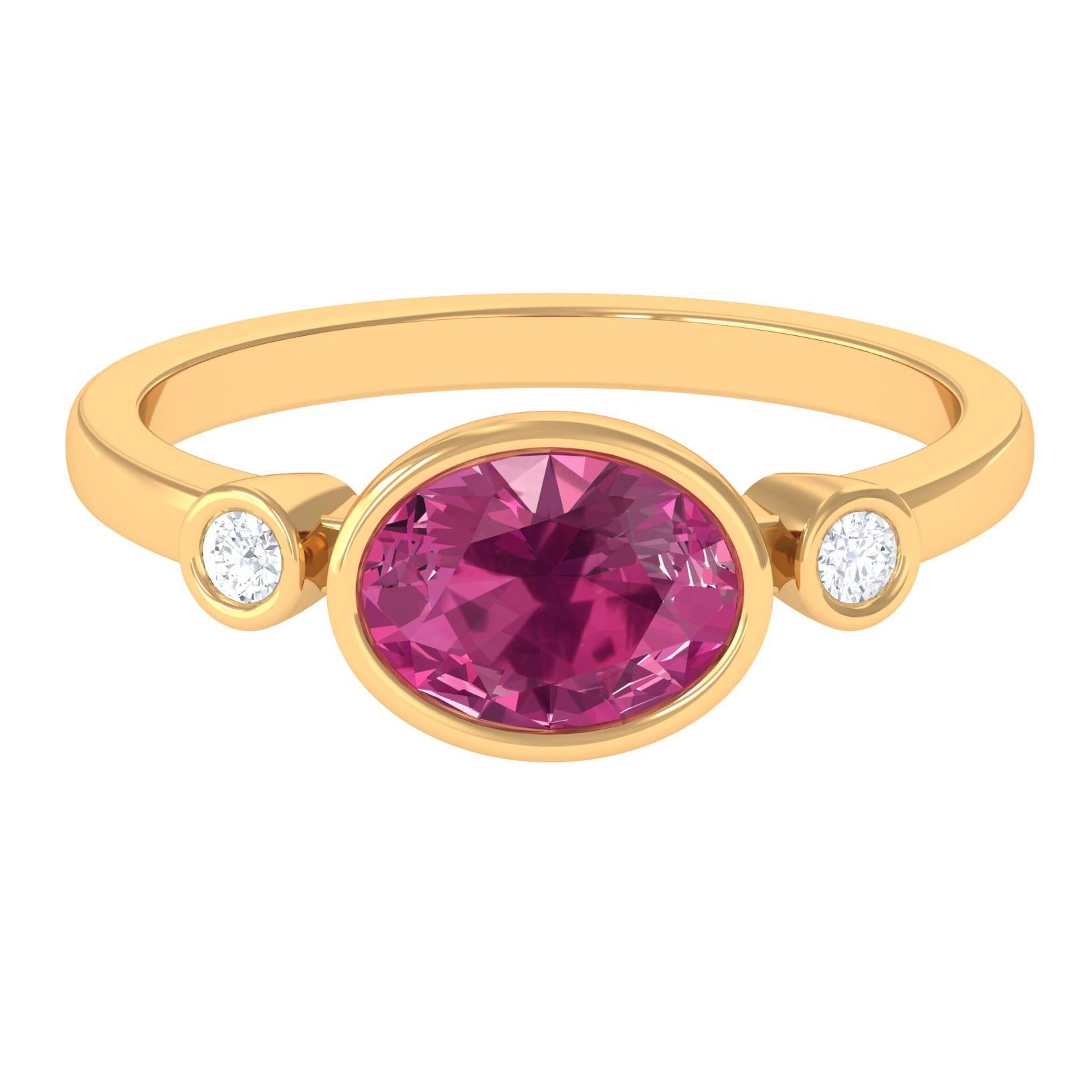 Pink Tourmaline Ring Solitaire East West Bezel Setting With Diamond Accents