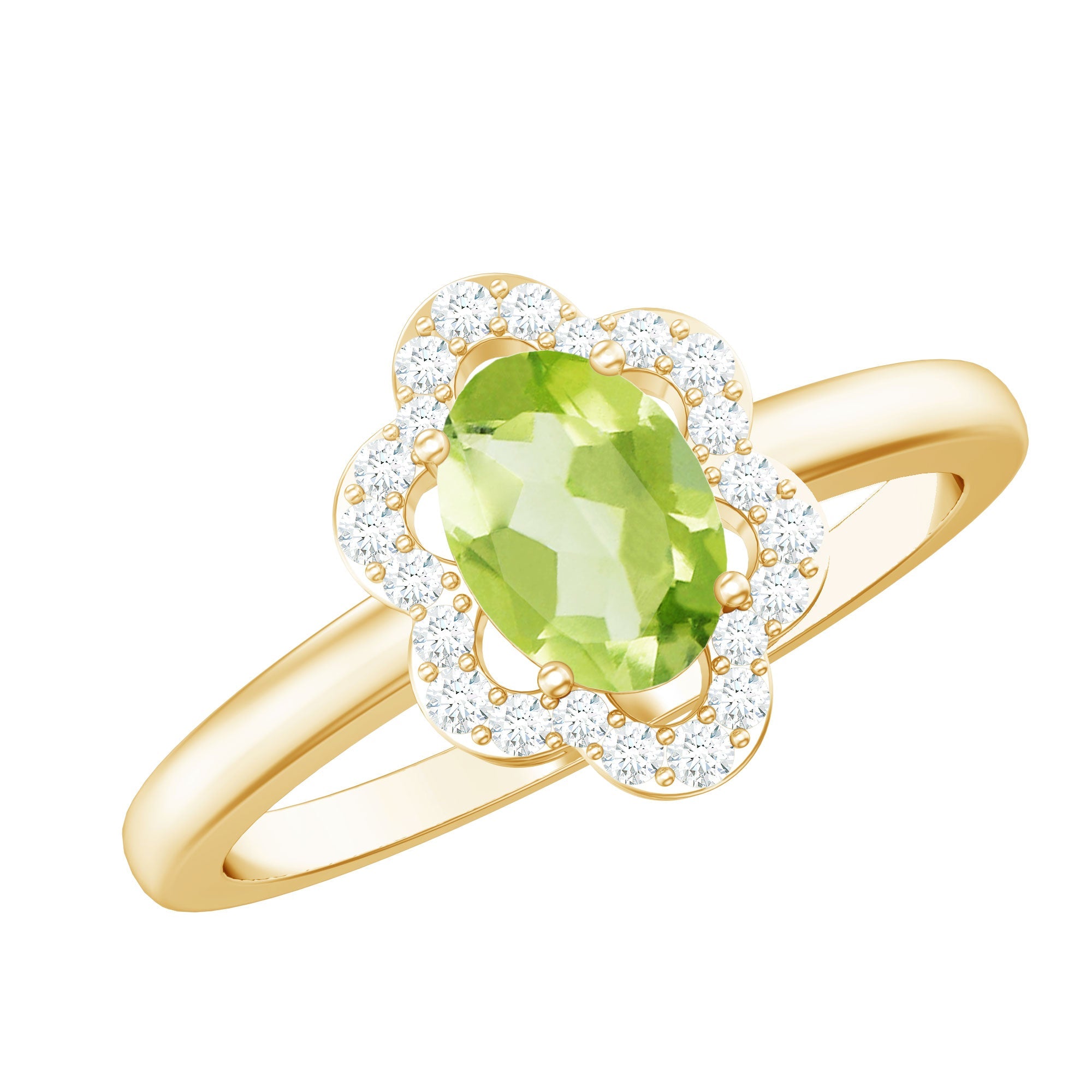 Peridot Engagement Ring – Natural 1 Carat Oval Peridot Flower Diamond Halo Ring