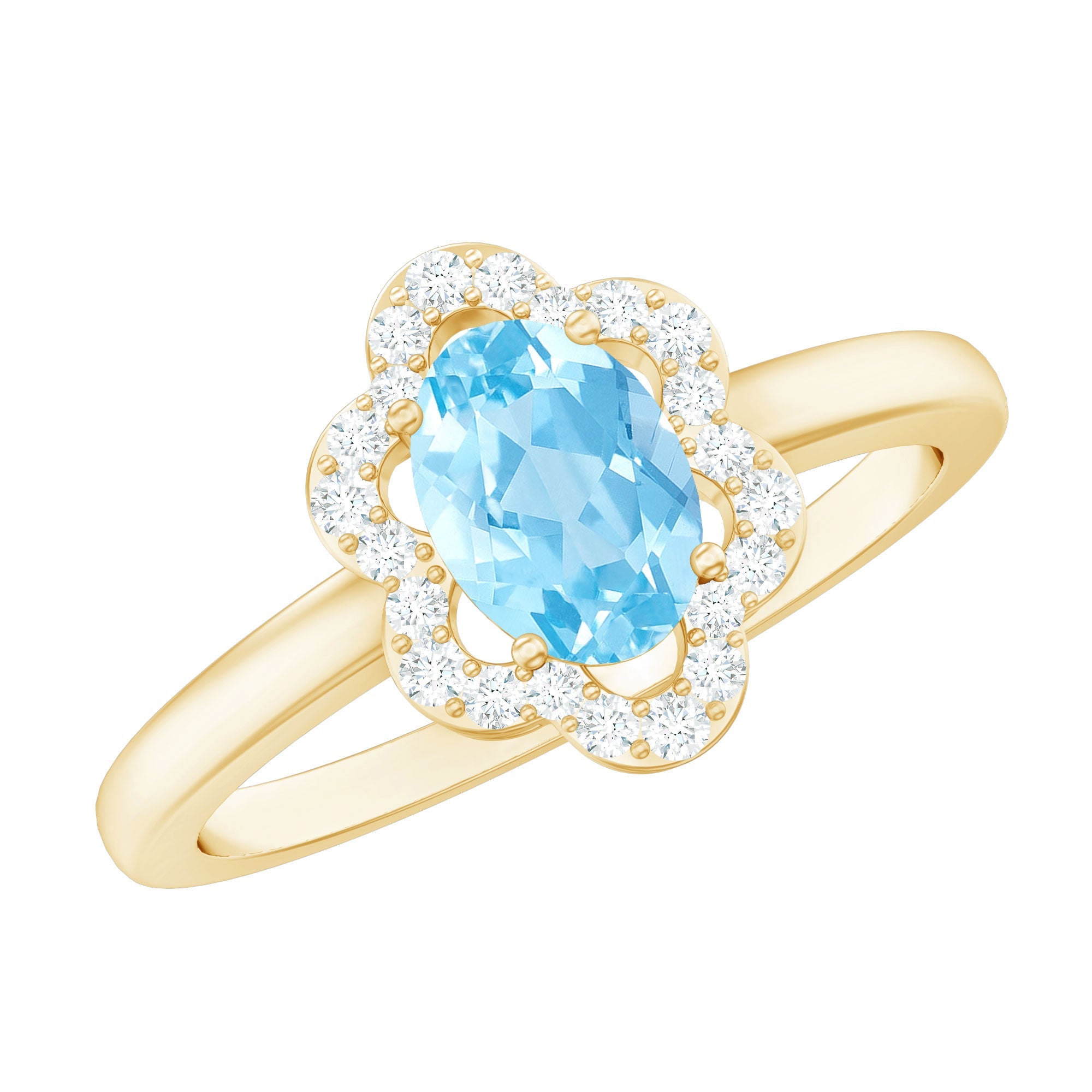 Aquamarine Engagement Ring – 1 Carat Oval Cut Gemstone With Diamond Floral Halo Design