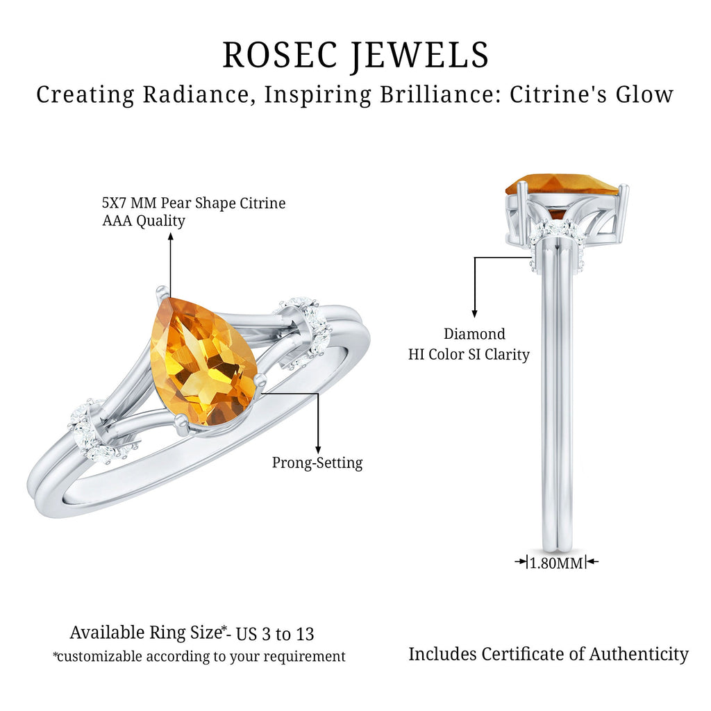 Citrine Engagement Ring – Pear Shaped Split Shank with Diamond Accent | Rosec Jewels