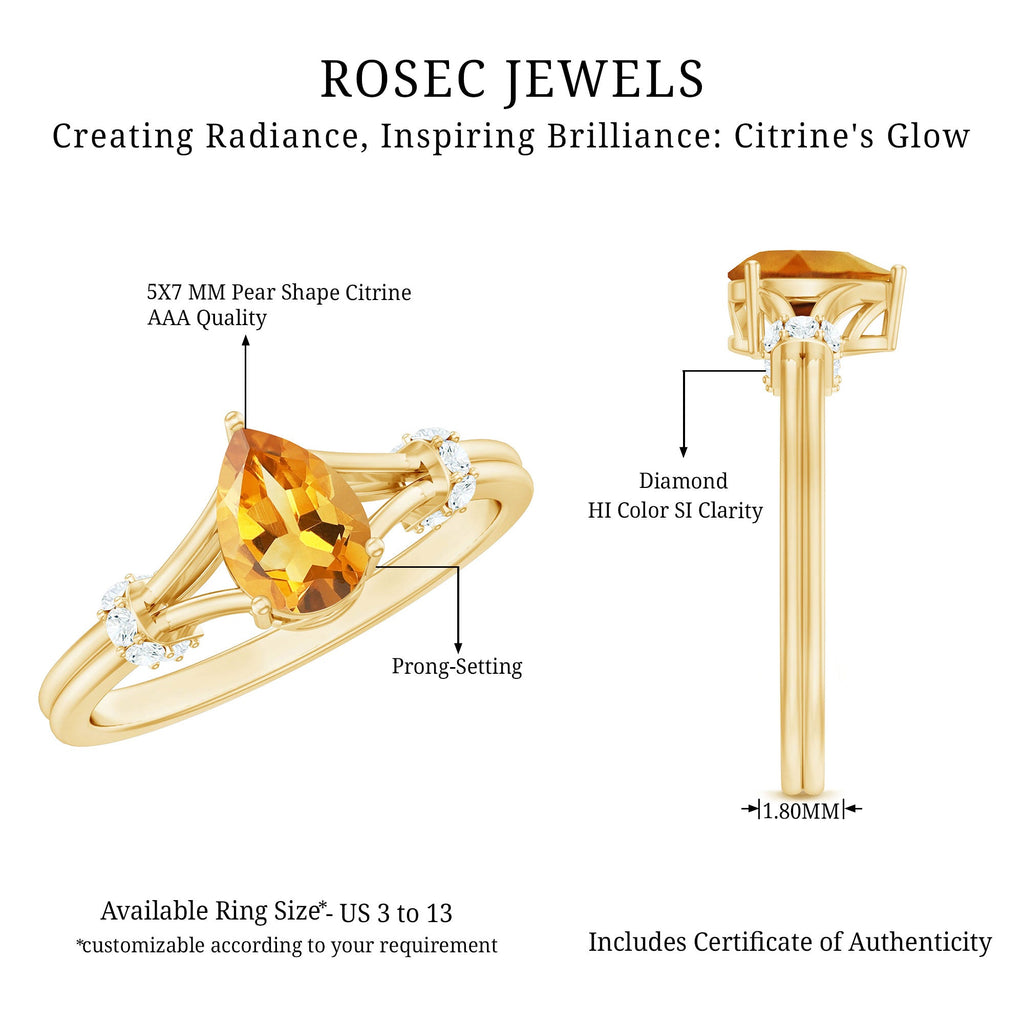 Citrine Engagement Ring – Pear Shaped Split Shank with Diamond Accent | Rosec Jewels