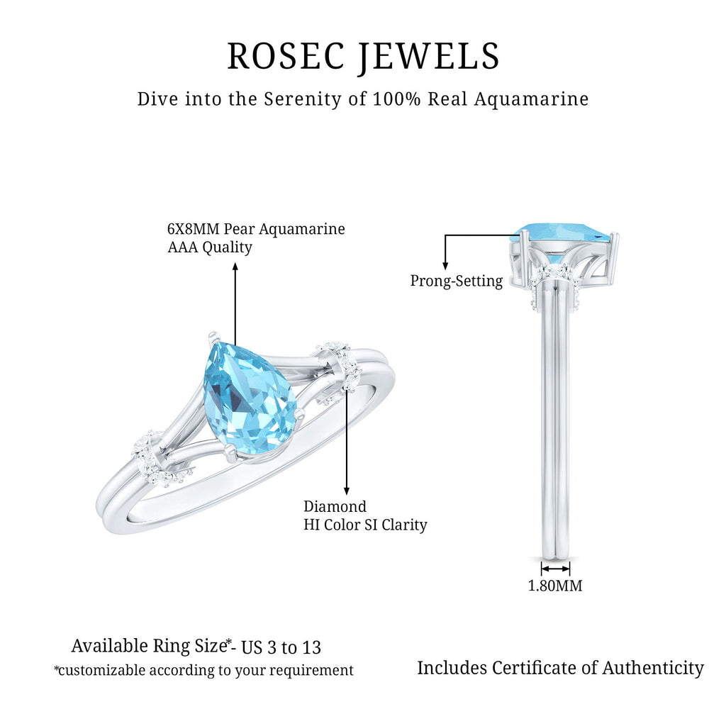 Aquamarine Solitaire Ring – 1 Carat Pear Shape with Split Shank Design