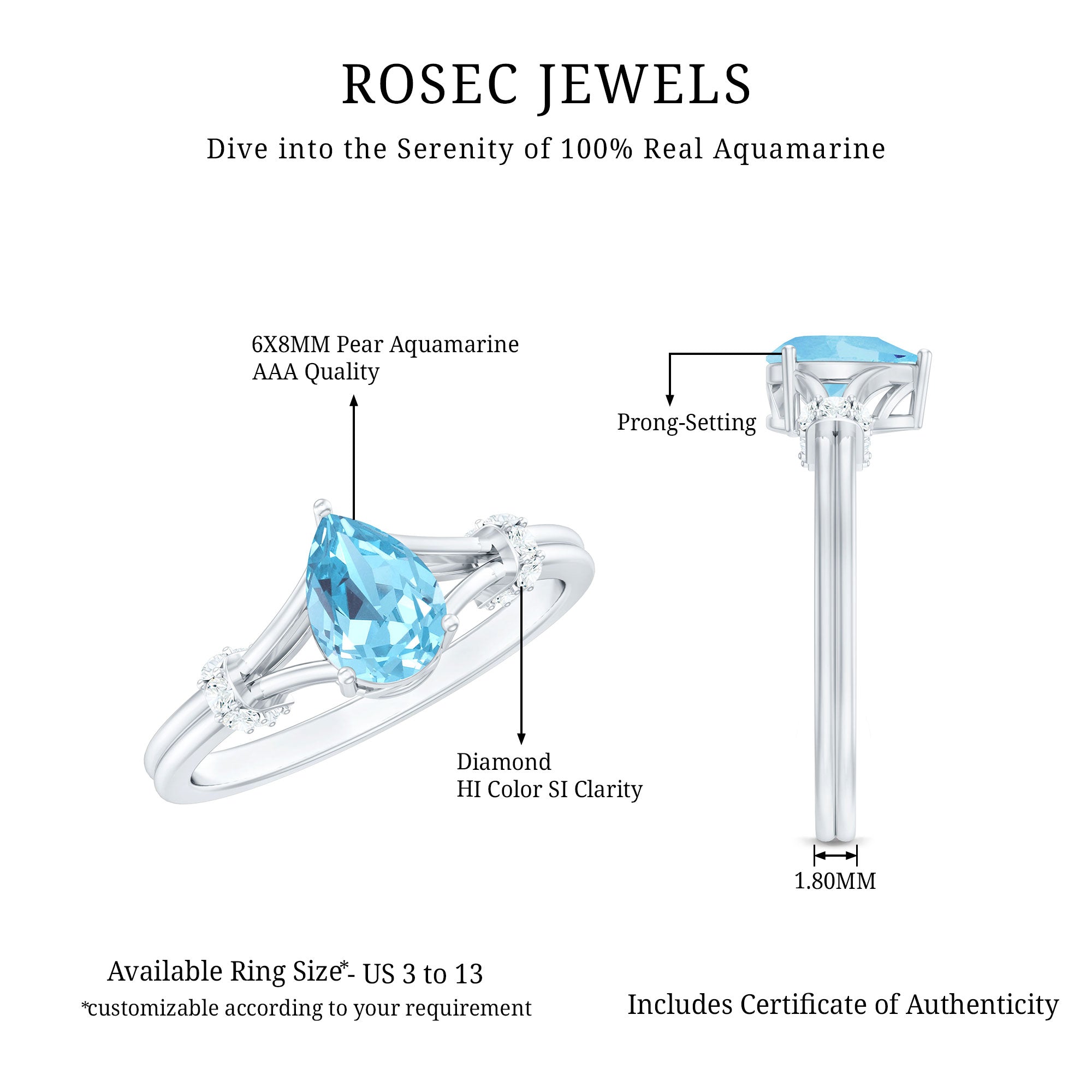 Aquamarine Solitaire Ring – 1 Carat Pear Shape with Split Shank Design