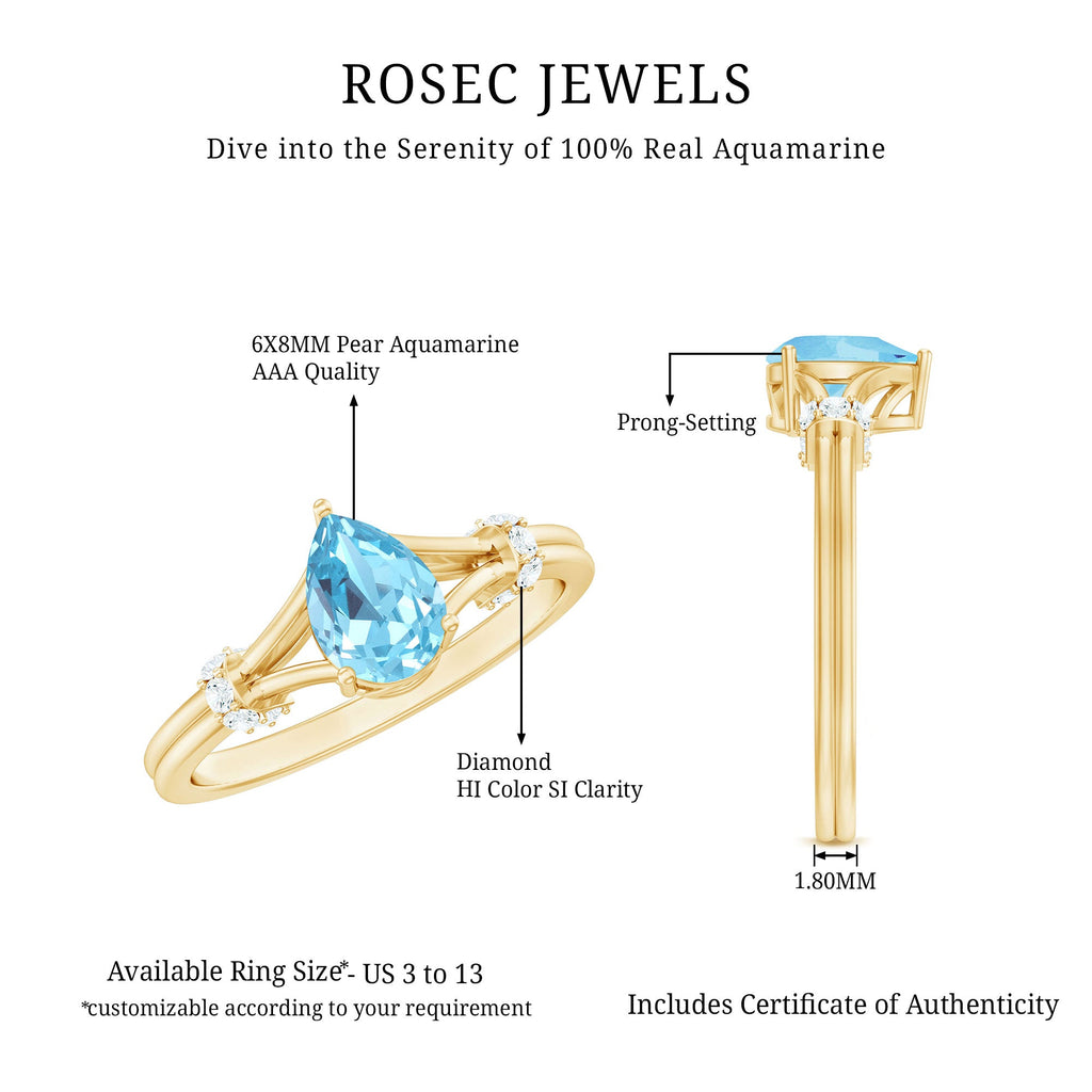 Aquamarine Solitaire Ring – 1 Carat Pear Shape with Split Shank Design