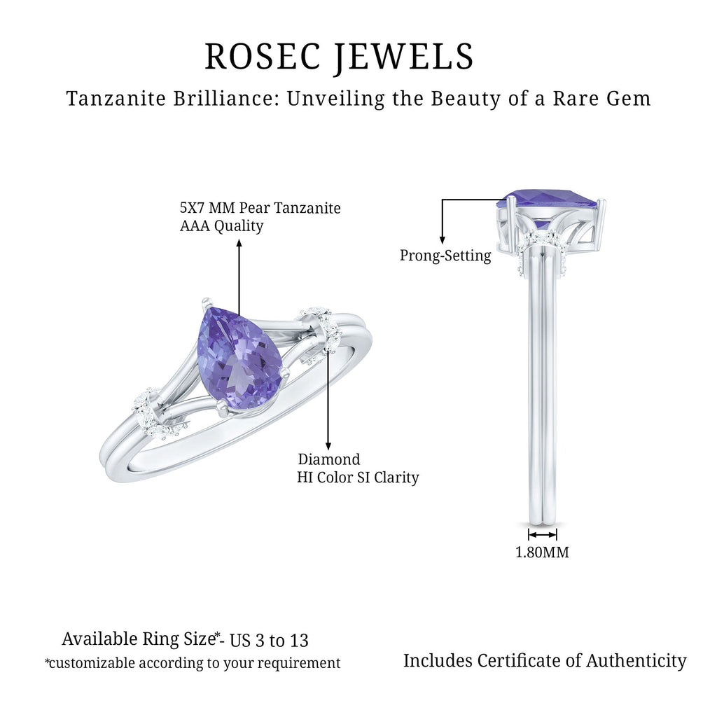 Pear Shape Tanzanite Ring - Natural Blue Gemstone With Diamond Split Shank Design