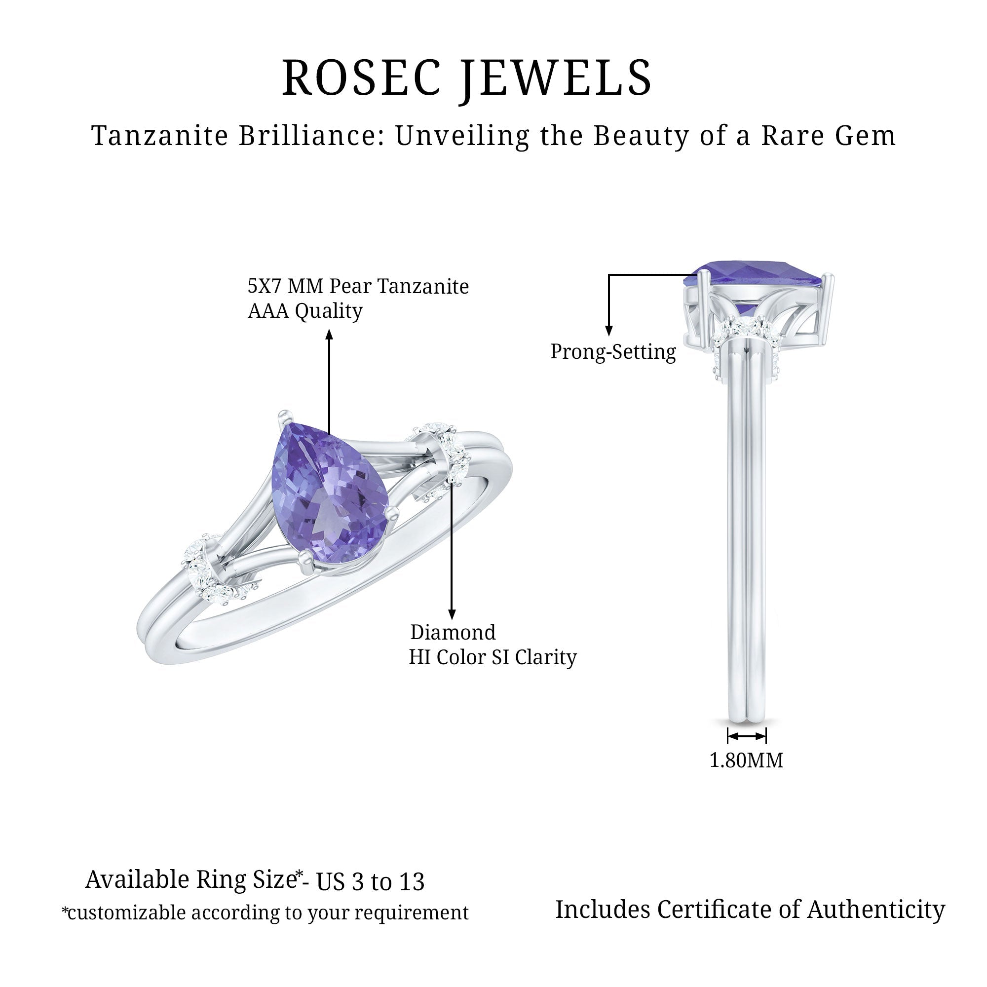 Pear Shape Tanzanite Ring - Natural Blue Gemstone With Diamond Split Shank Design