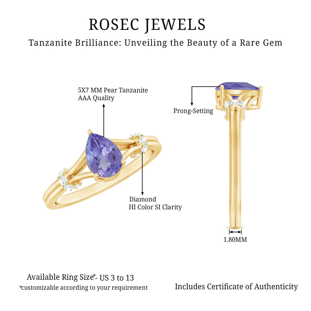 Pear Shape Tanzanite Ring - Natural Blue Gemstone With Diamond Split Shank Design