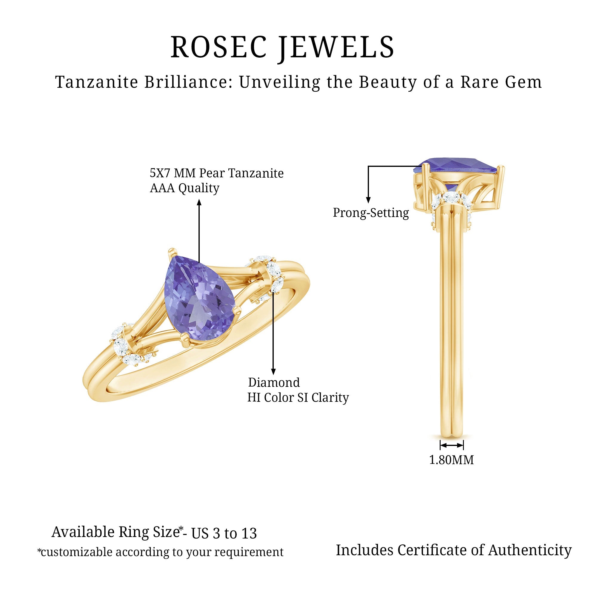 Pear Shape Tanzanite Ring - Natural Blue Gemstone With Diamond Split Shank Design