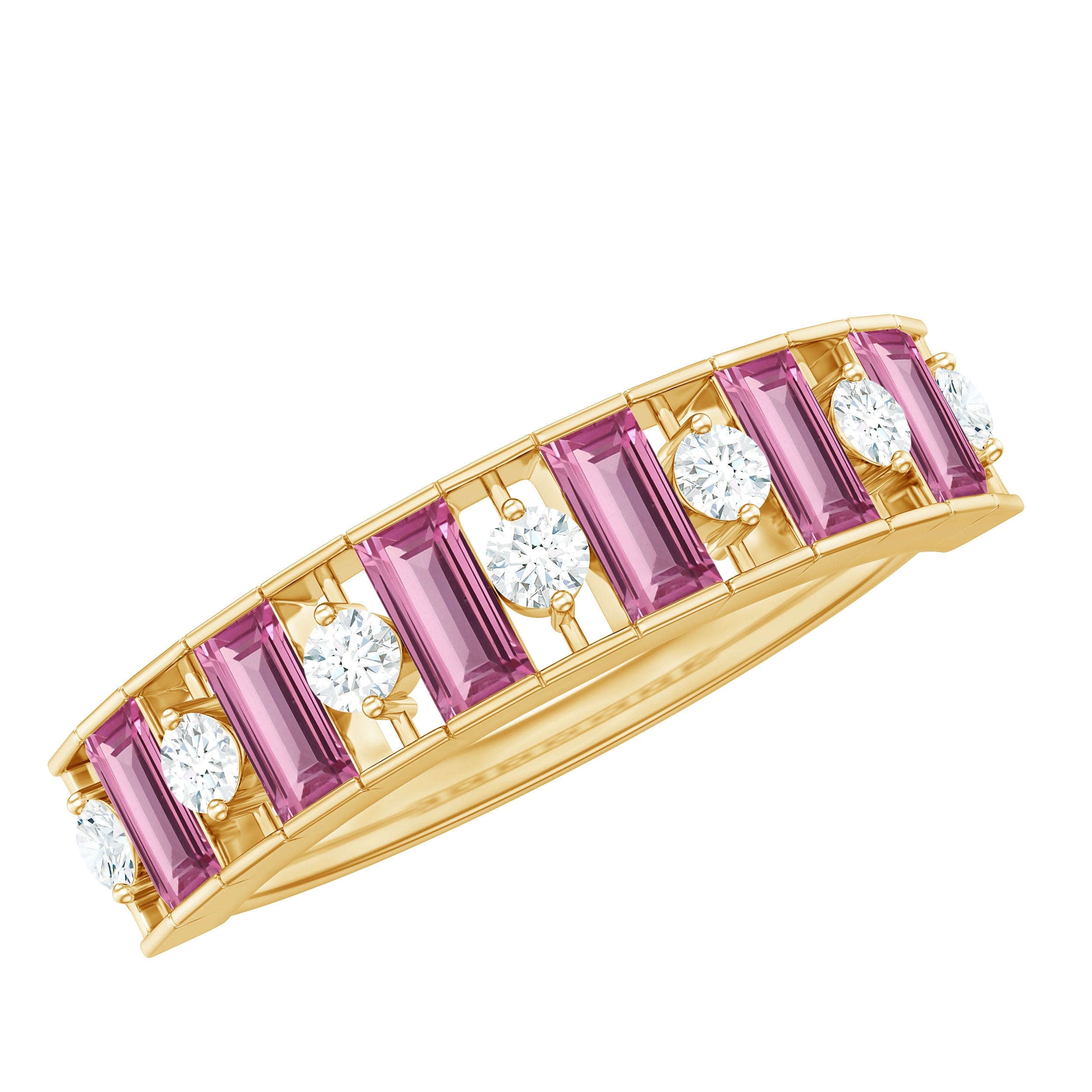 Pink Tourmaline Ring – Half Eternity Ring with Sparkling Diamond Band in Rose Gold Style