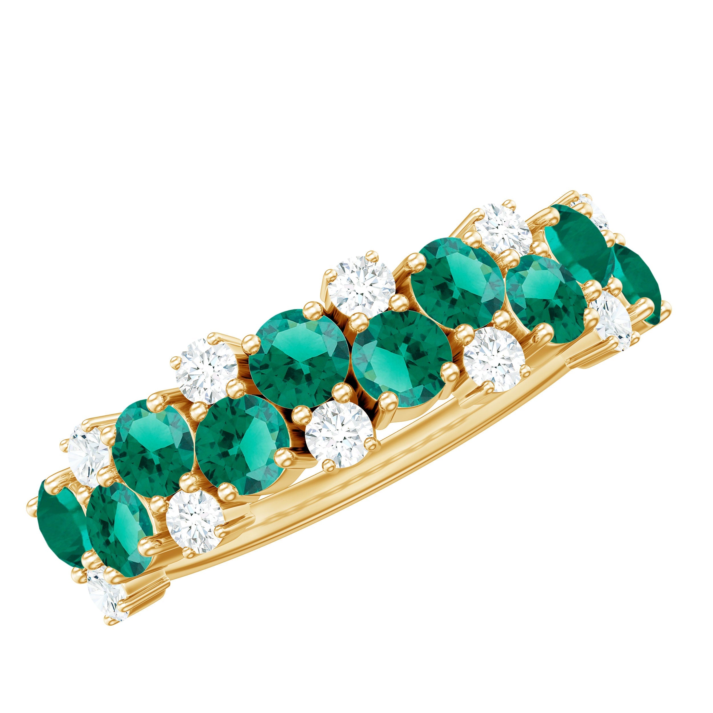 Lab Grown Emerald Ring – Half Eternity Band with Diamond Sparkle & Cluster Gemstones