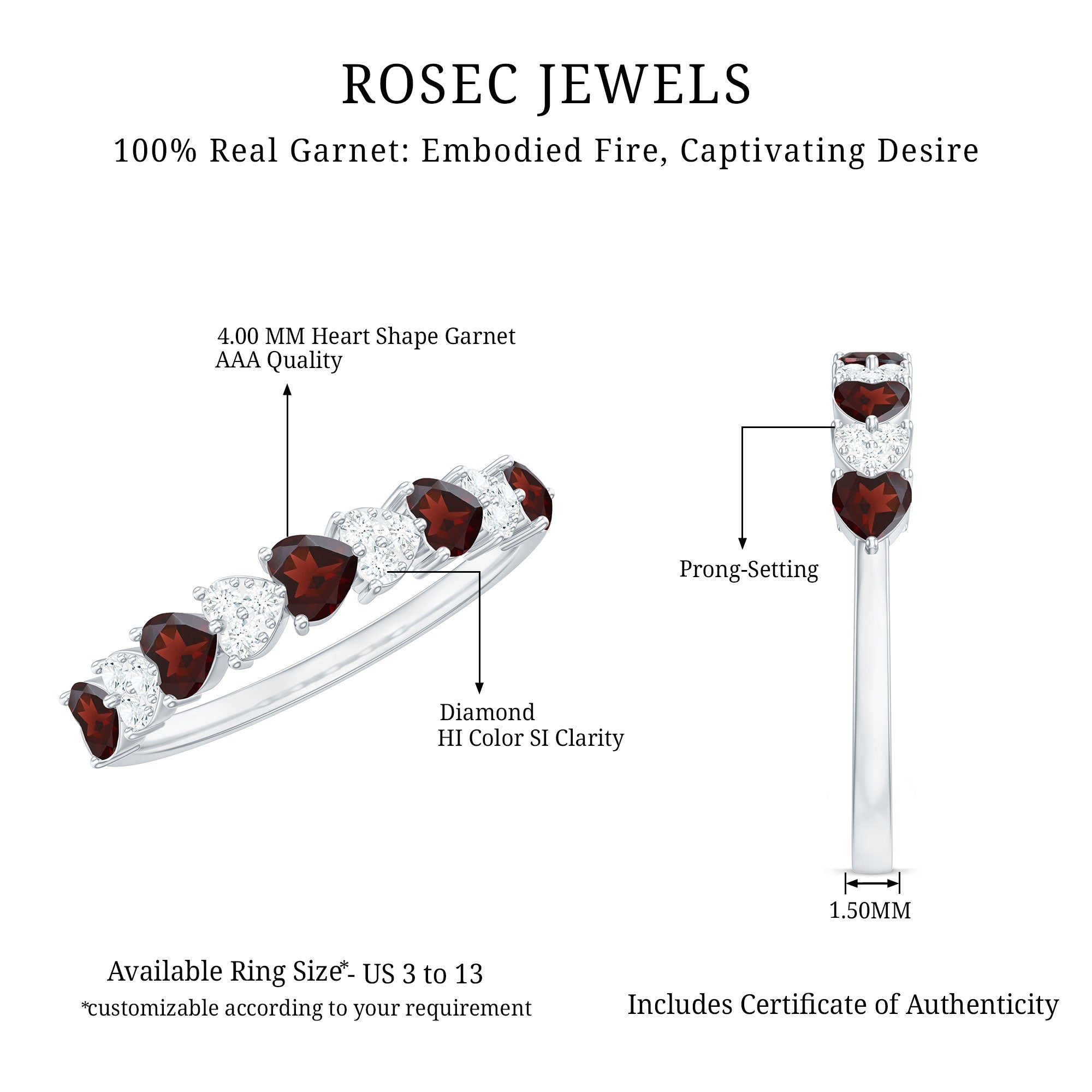Garnet Diamond Eternity Ring – East West Heart Shape Ring with AAA Quality Garnet