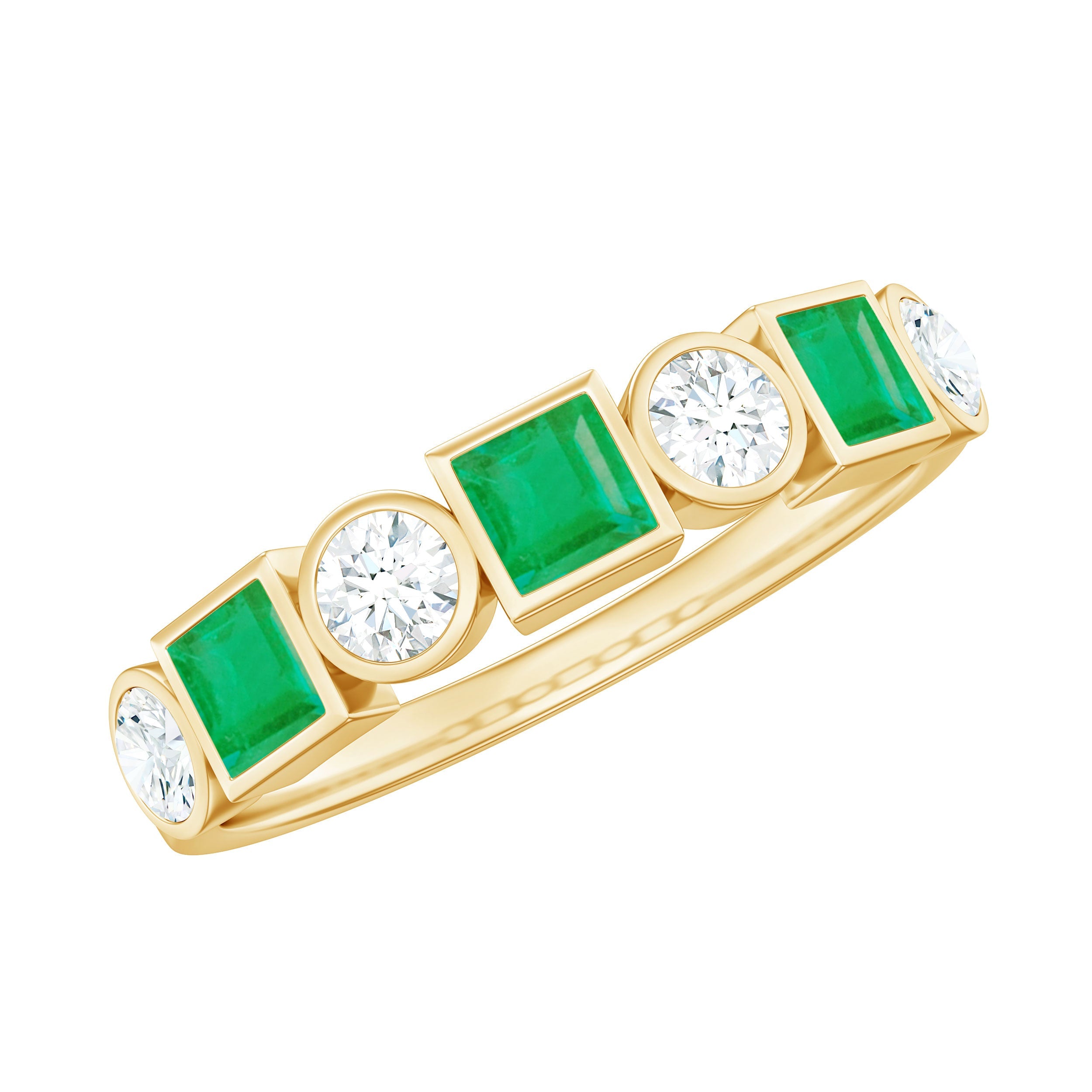 Emerald Diamond Wedding Band – Half Eternity Bezel Set Ring with AAA Emeralds & HI-SI Diamonds