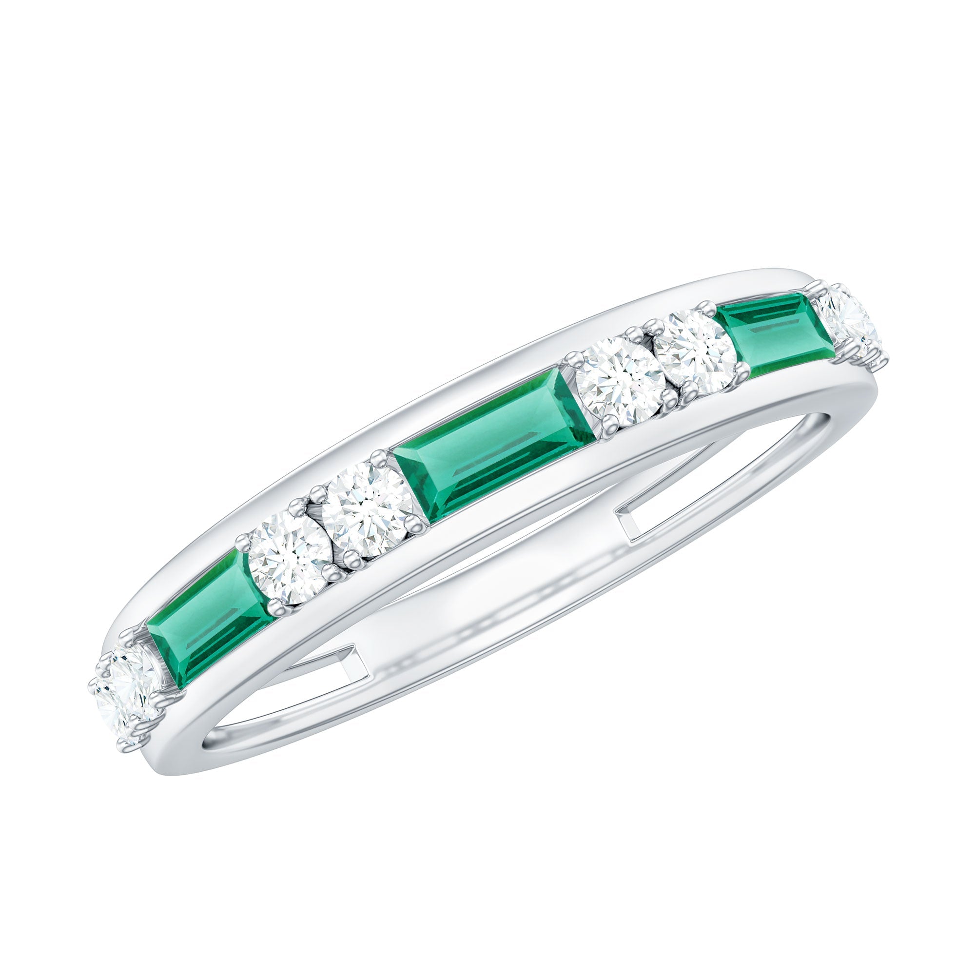 Lab Grown Emerald Ring – Half Eternity Band with Baguette Emerald & Diamonds