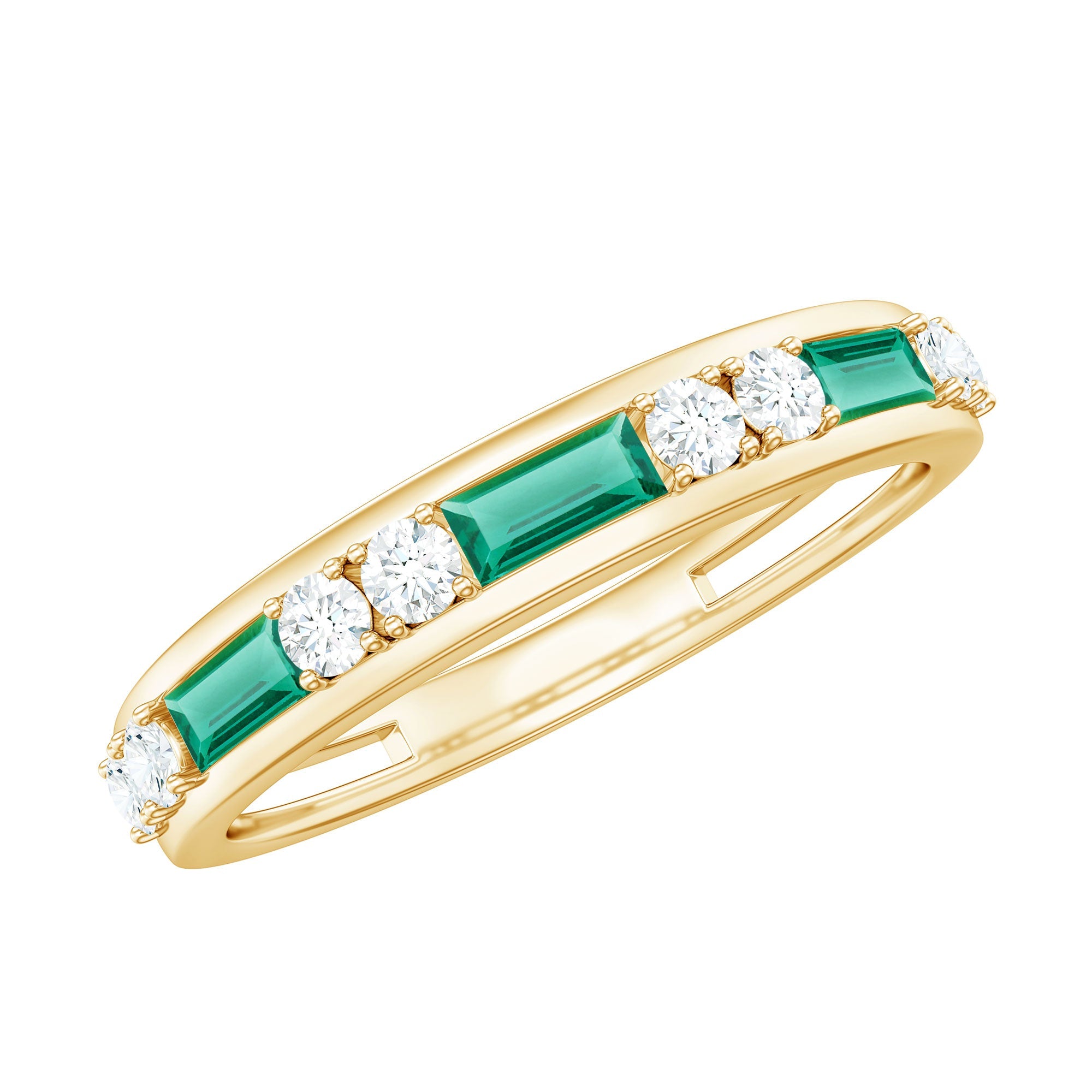 Lab Grown Emerald Ring – Half Eternity Band with Baguette Emerald & Diamonds