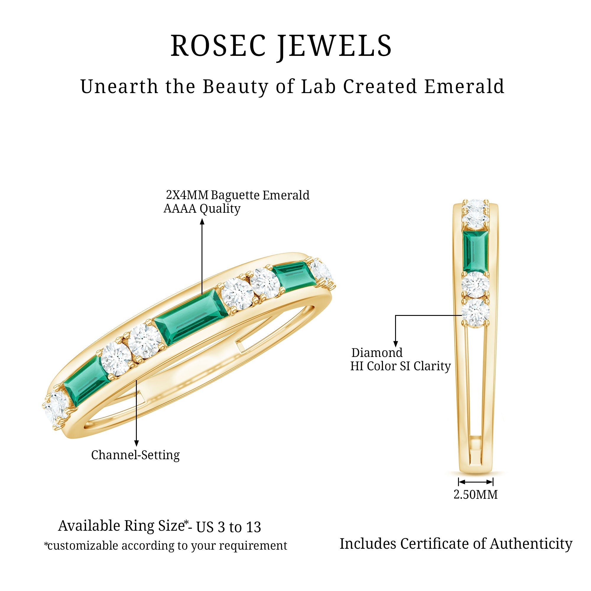 Lab Grown Emerald Ring – Half Eternity Band with Baguette Emerald & Diamonds
