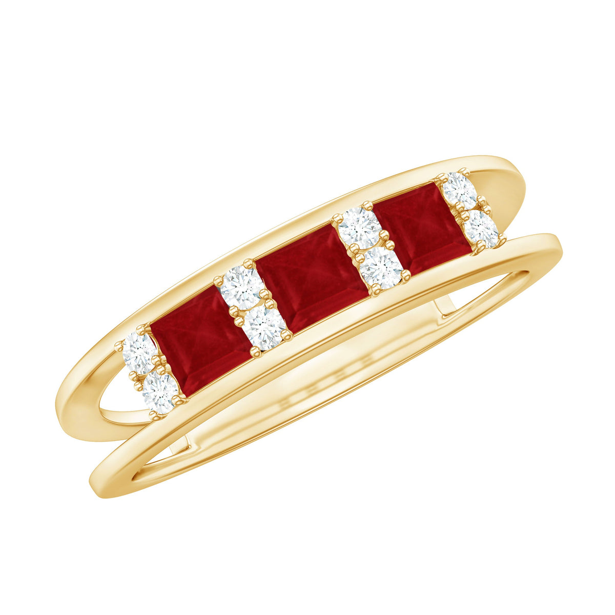 Princess Cut Ruby Ring – Double Band Ruby Wedding Band with Diamond Accent