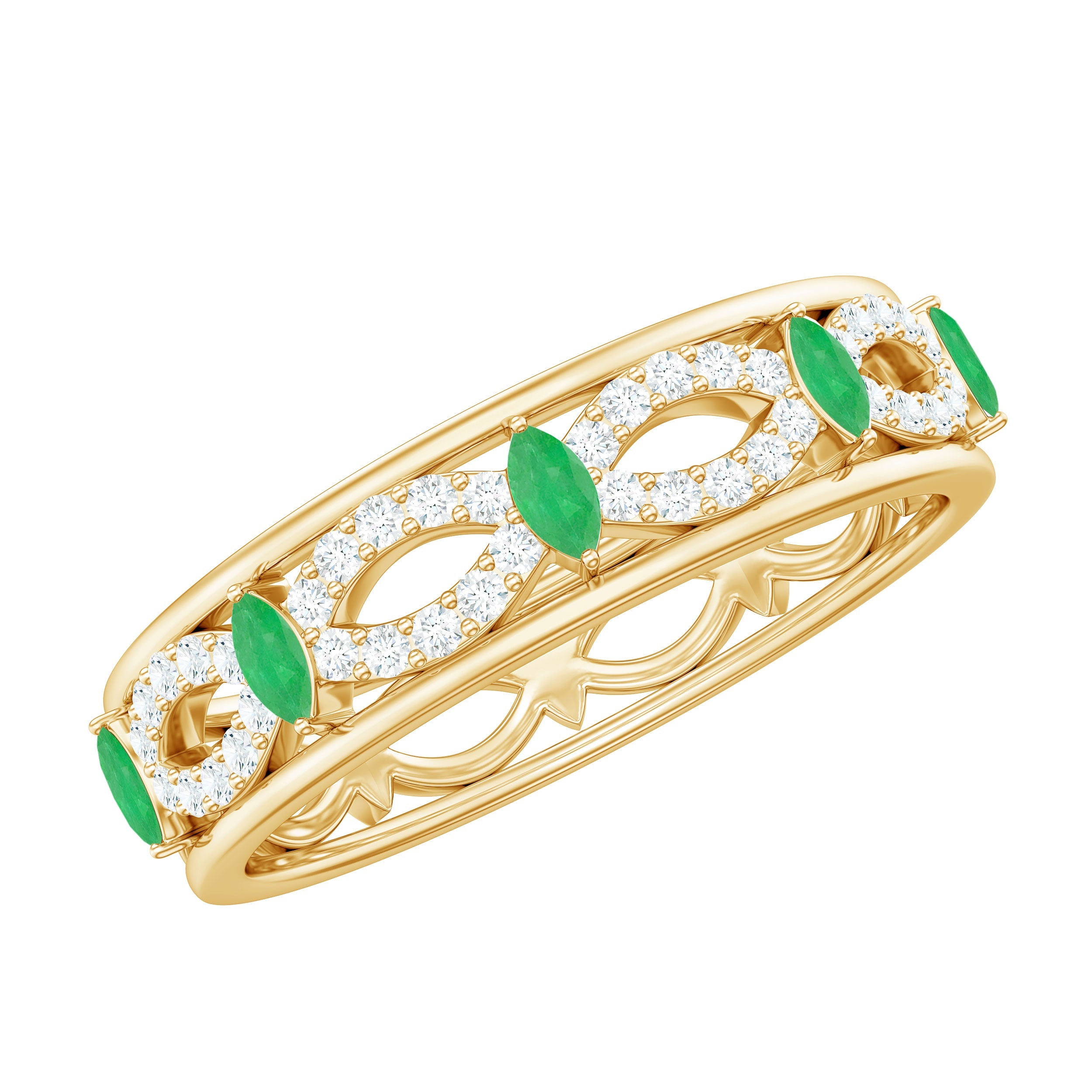 Emerald Diamond Eternity Band – Marquise Wedding Ring with Infinity Shank Design