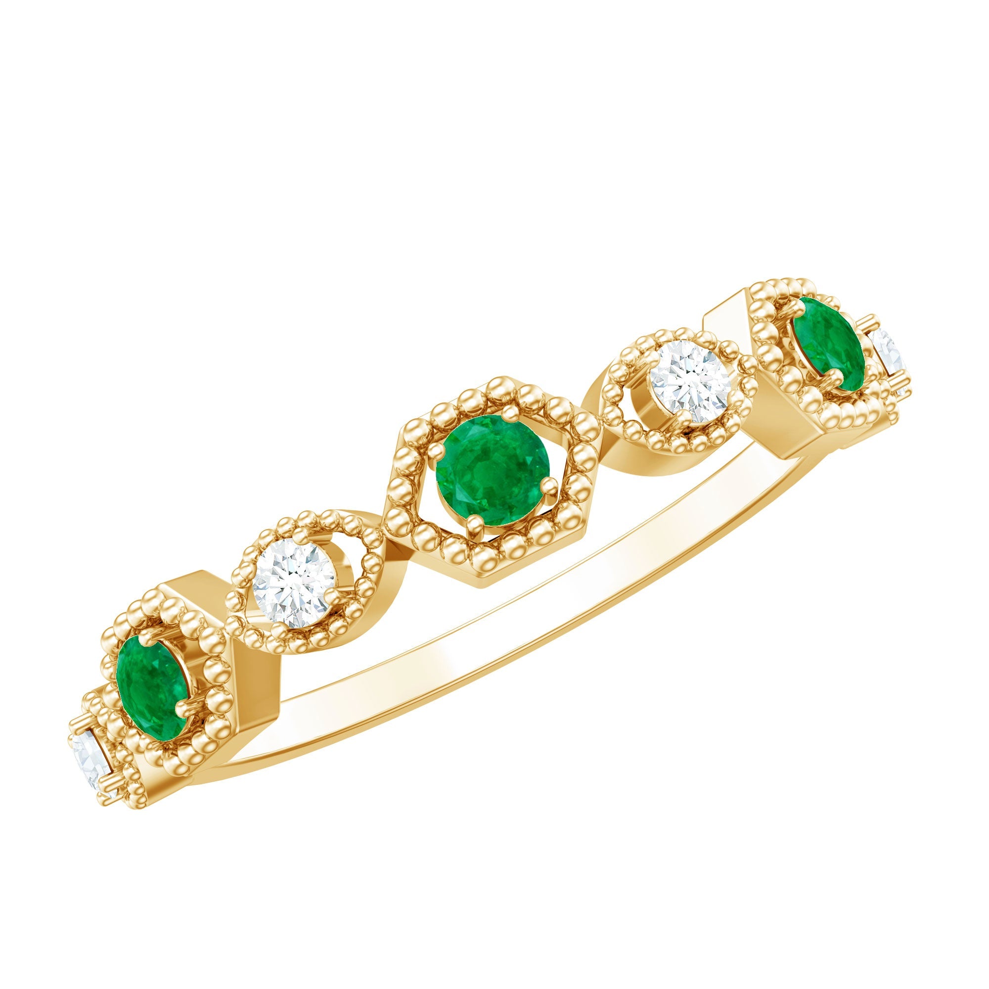 Emerald Eternity Ring - Natural Emerald Art Deco Half Eternity Band with Diamonds