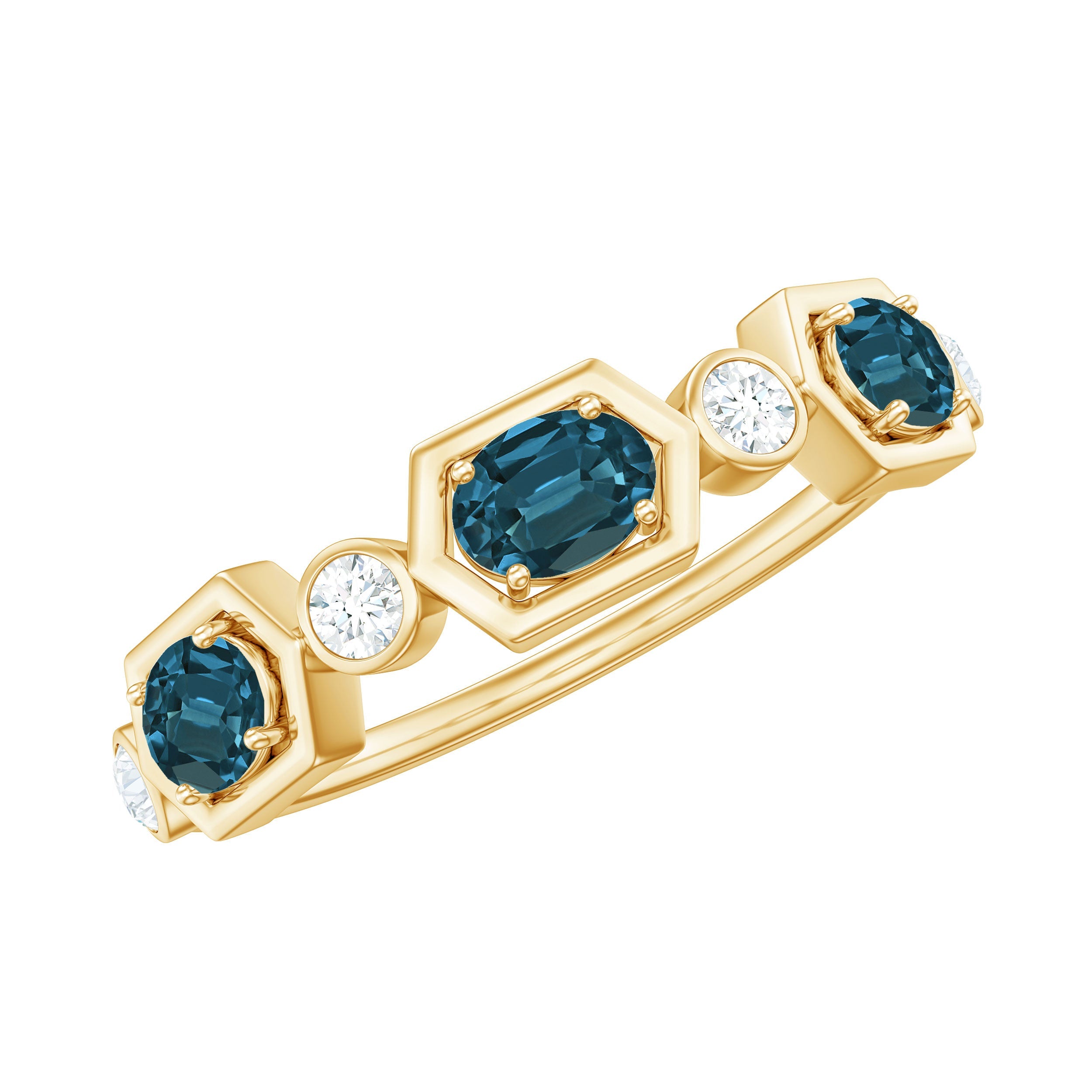 Real Certified London Blue Topaz Halft Eternity Band Ring with Diamond