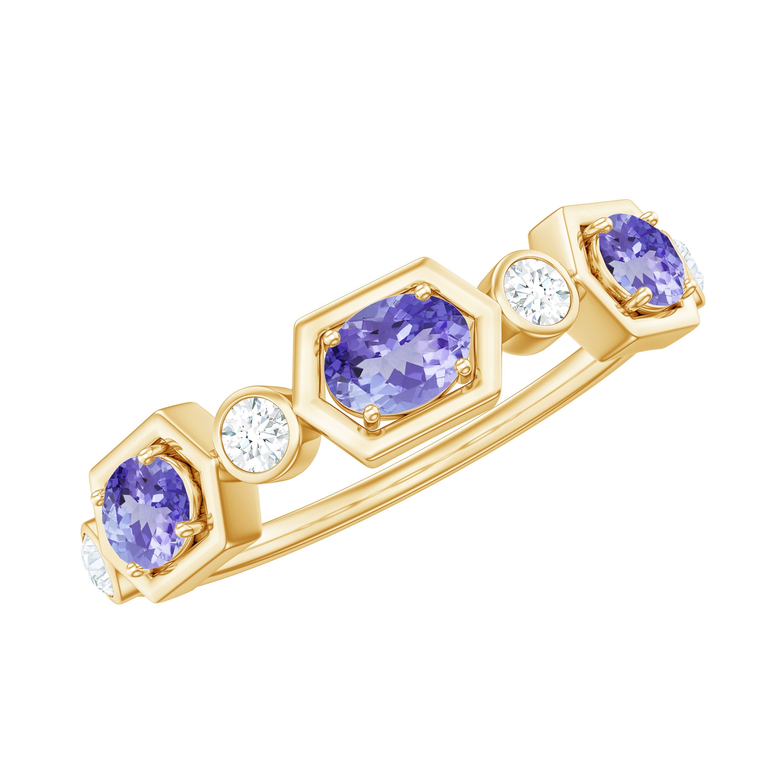 Tanzanite Eternity Ring – Half Eternity Ring with Oval Tanzanite & Diamond Wedding Band